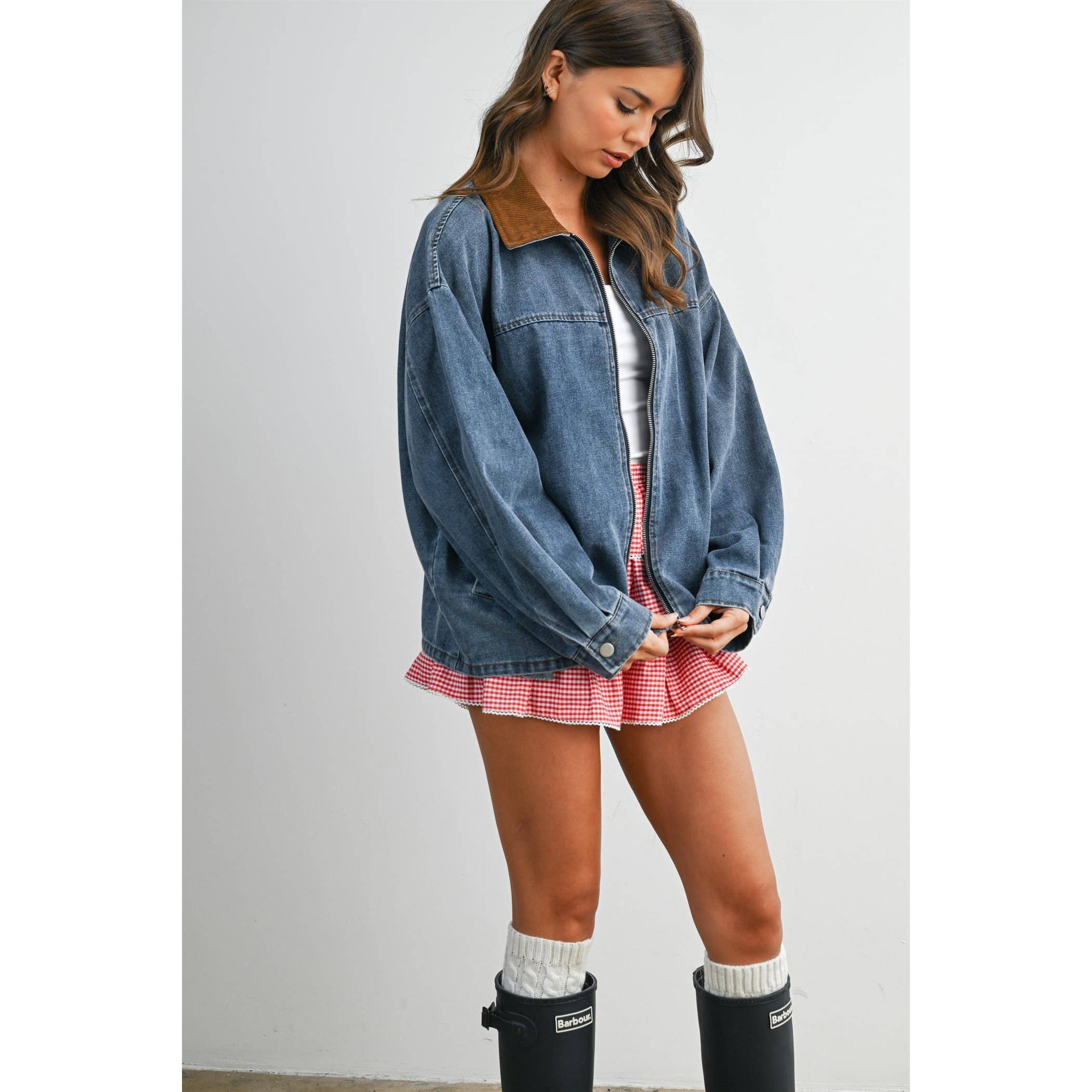 Zip-front Contrast-Collared Denim Jacket - BMJ8115