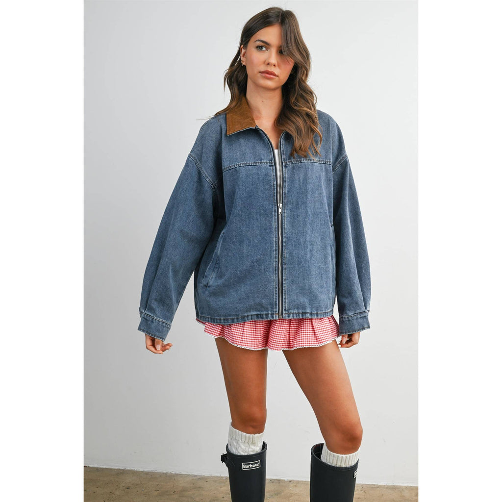 Zip-front Contrast-Collared Denim Jacket - BMJ8115
