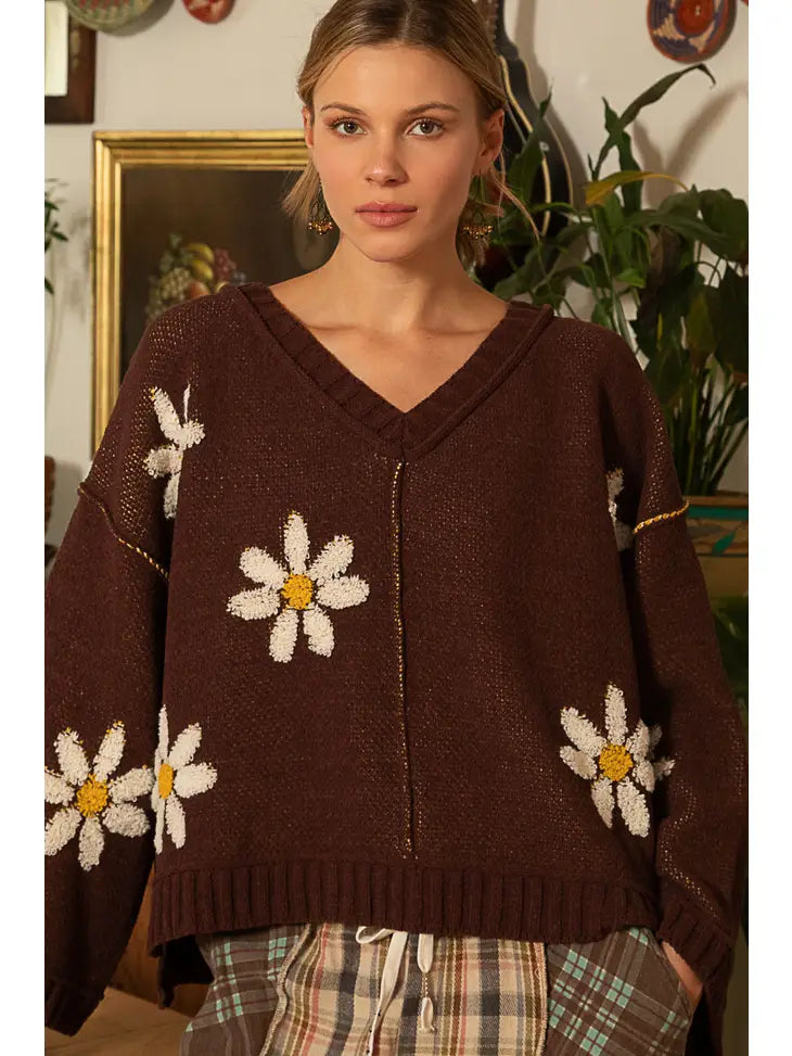 Daisy V-Neck Berber Floral Pattern Chenille Pullover Sweater