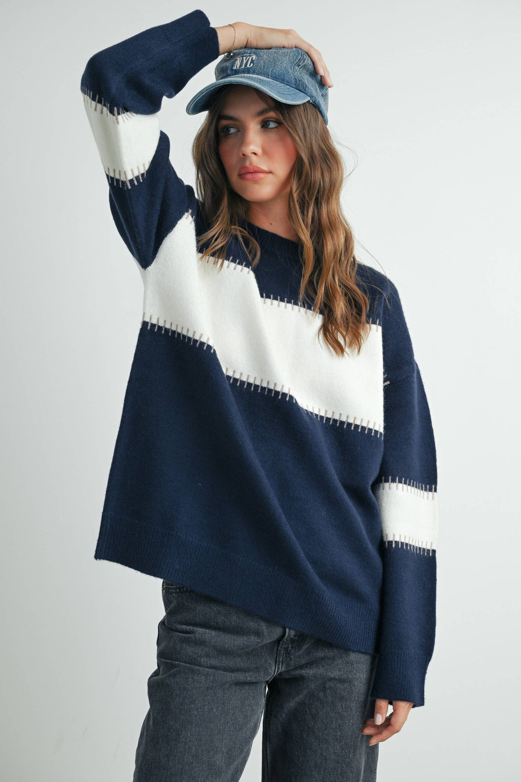 Color Block Striped Crew Neck Sweater - BMW7501