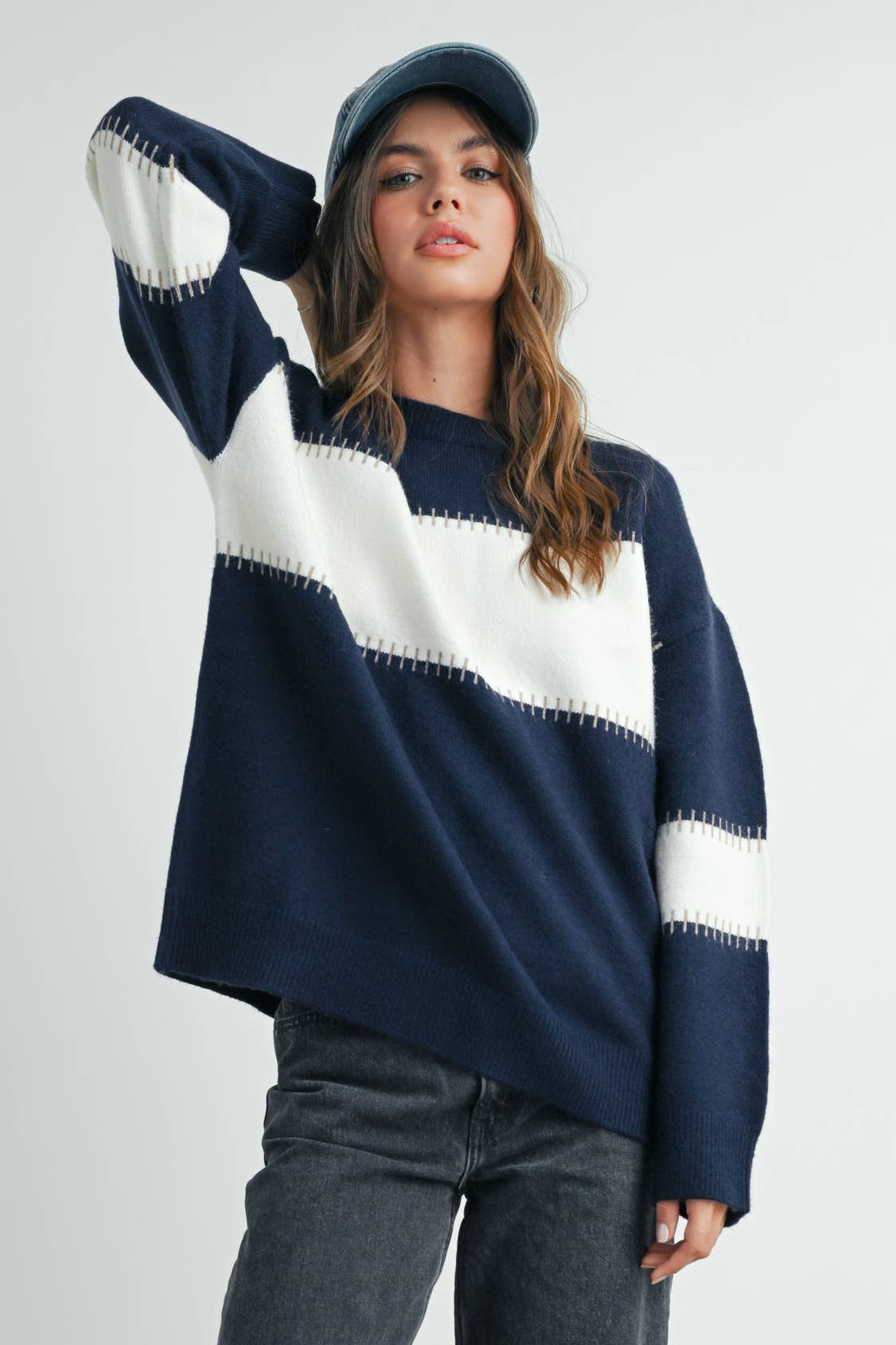 Color Block Striped Crew Neck Sweater - BMW7501