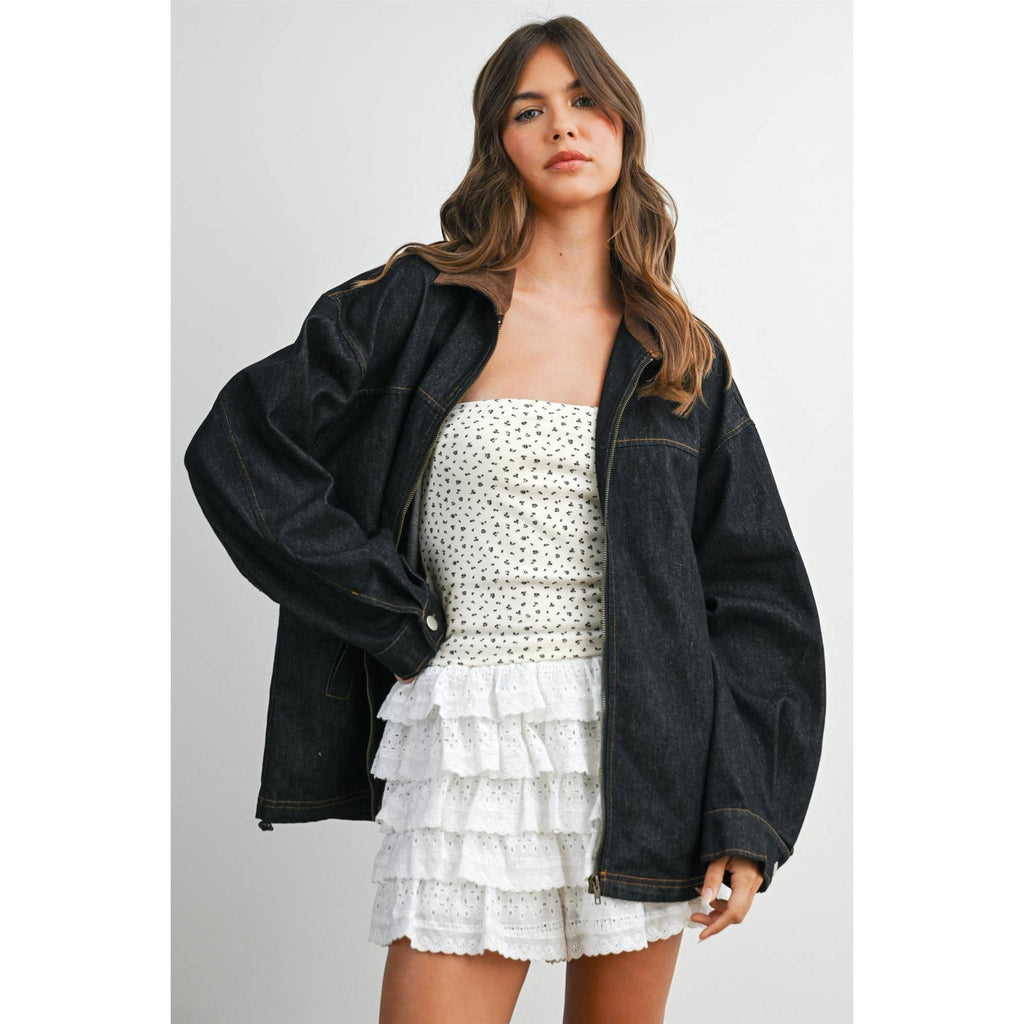 Zip-front Contrast-Collared Denim Jacket - BMJ8115