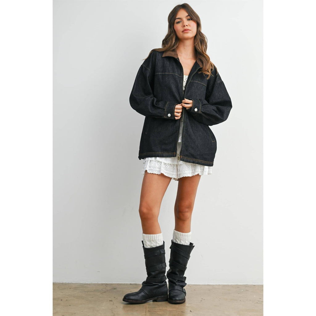 Zip-front Contrast-Collared Denim Jacket - BMJ8115
