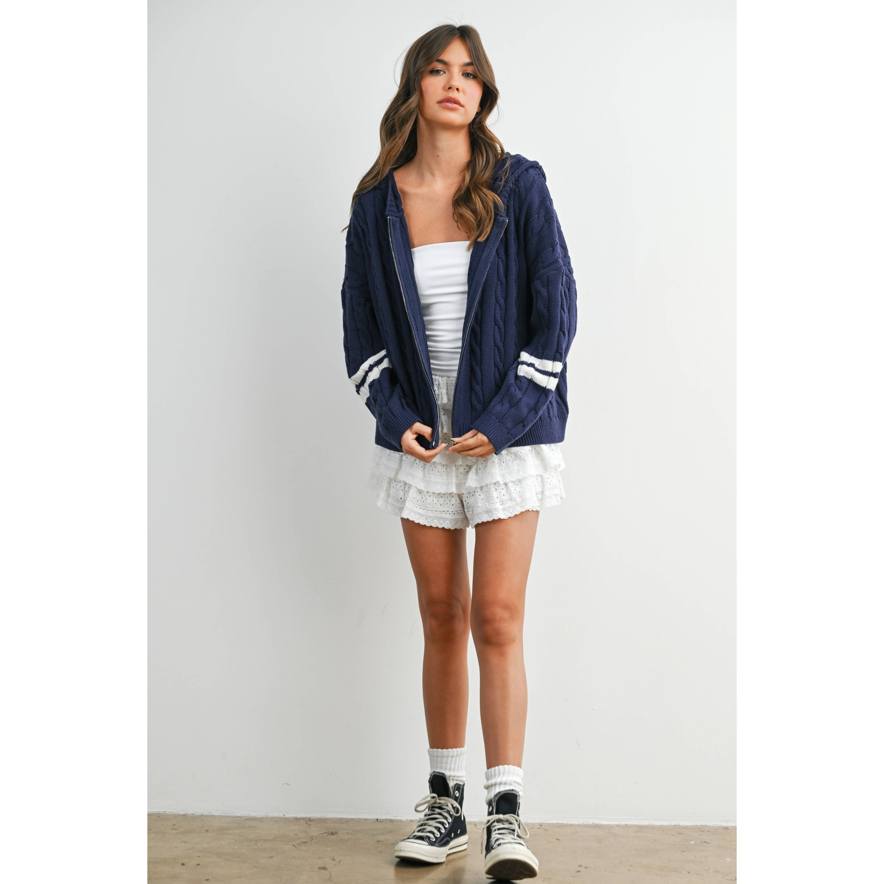 Cable Knit Zip-Up Hoodie Cardigan - BMC8196