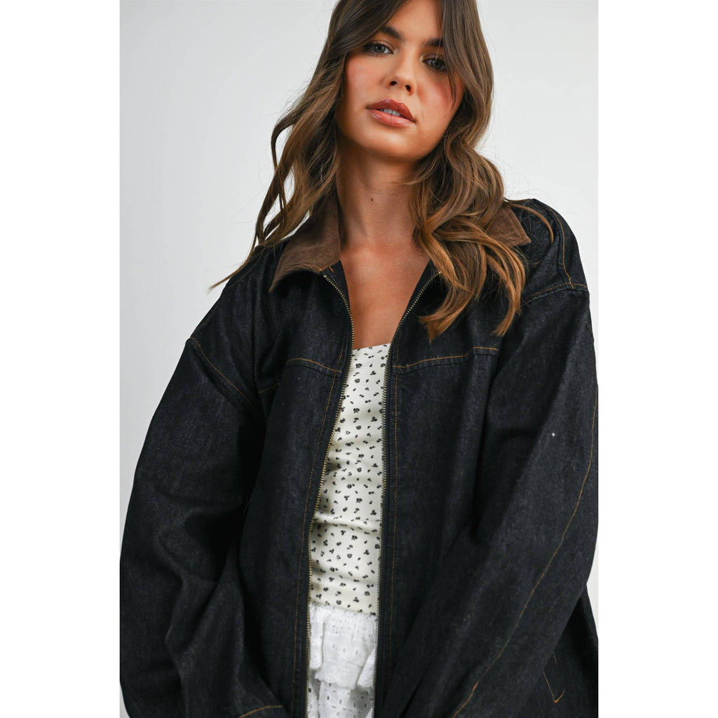 Zip-front Contrast-Collared Denim Jacket - BMJ8115