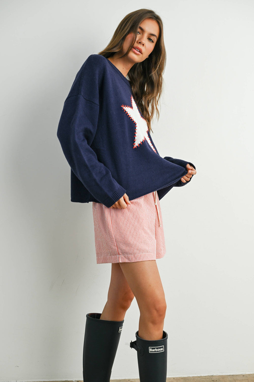 Drop Shoulder Star Pattern Sweater - BMW7756