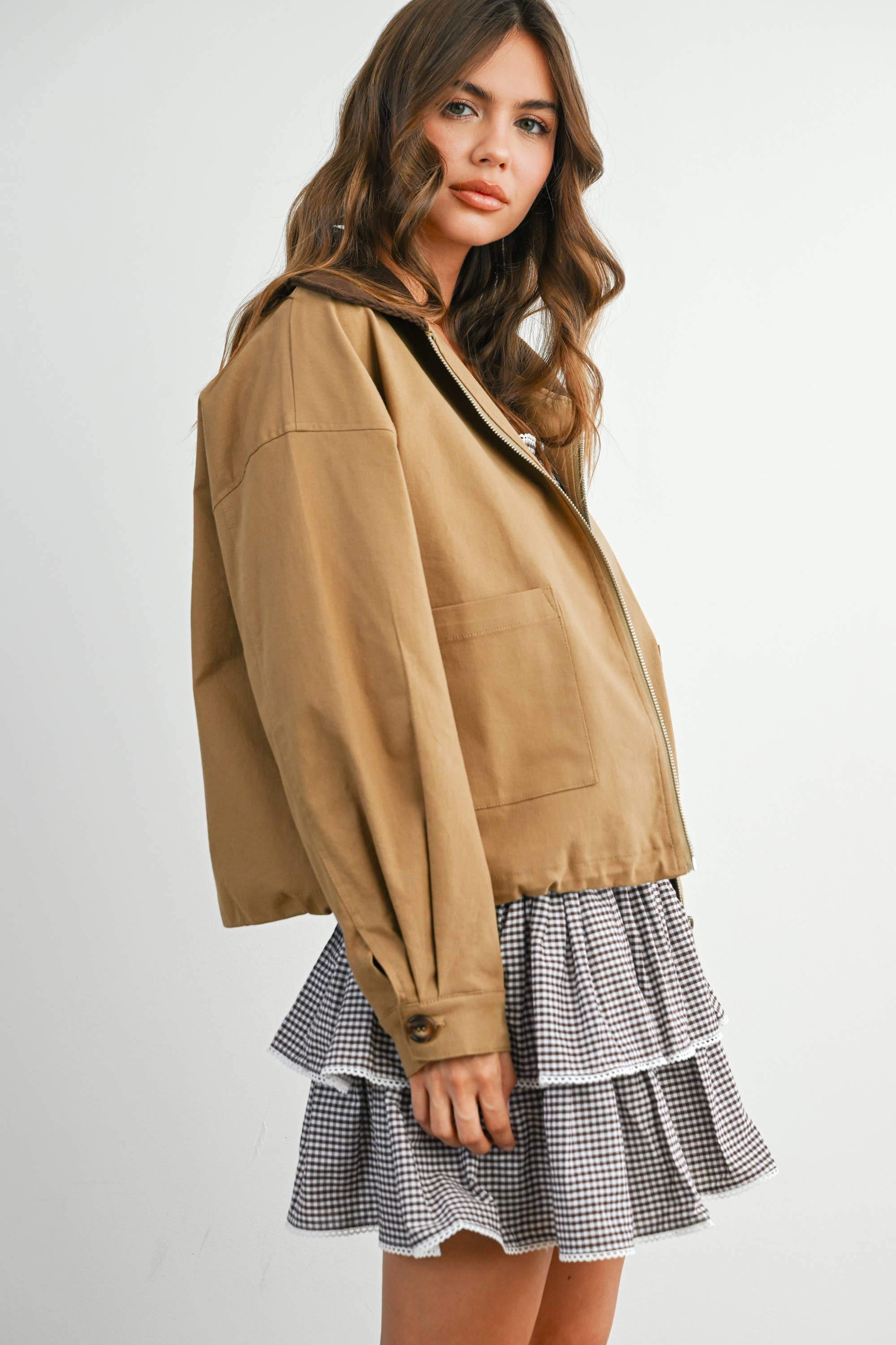 Collared Zip-Up Drawstring Jacket - BMJ7825