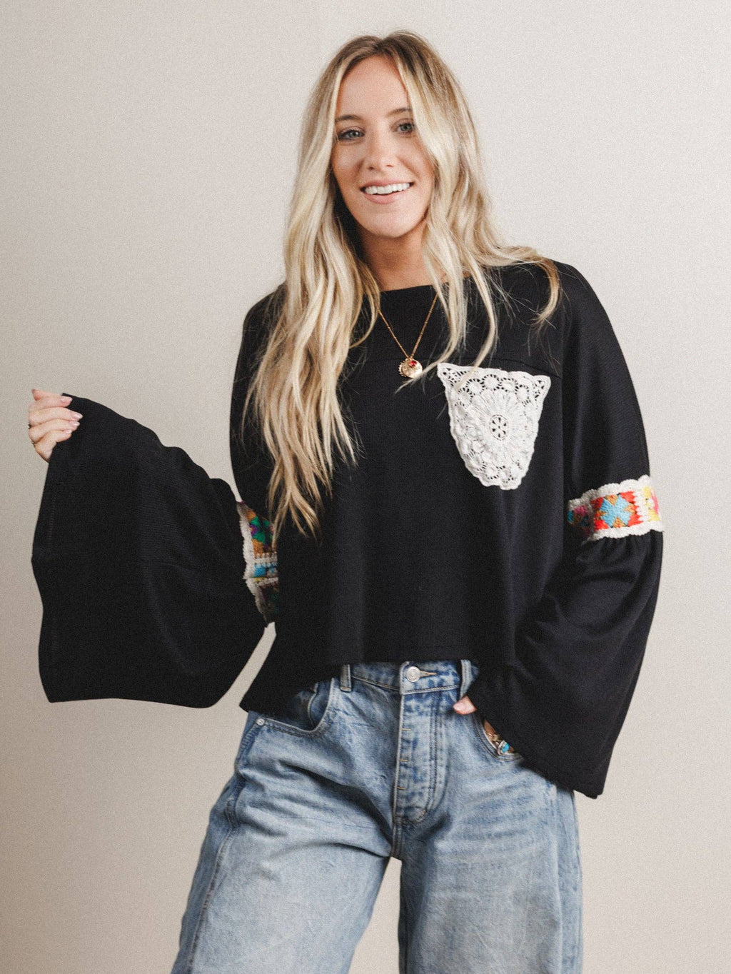 Groovy Crochet Patchwork Top - Black