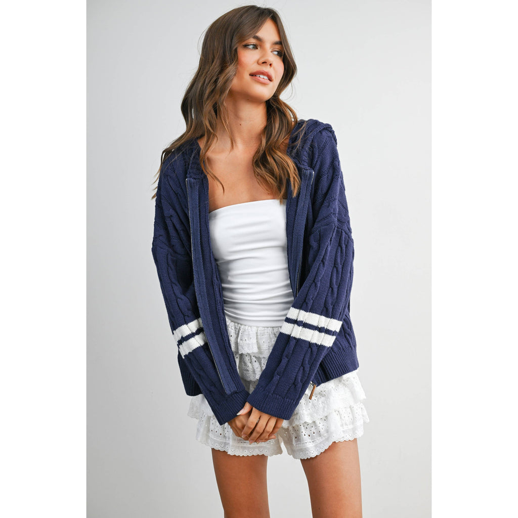 Cable Knit Zip-Up Hoodie Cardigan - BMC8196