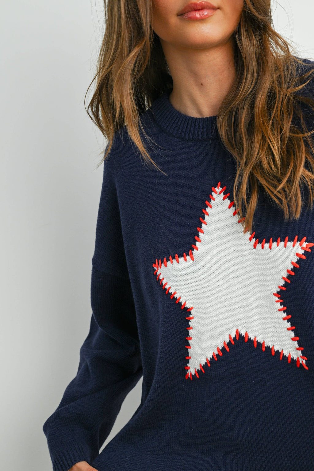 Drop Shoulder Star Pattern Sweater - BMW7756