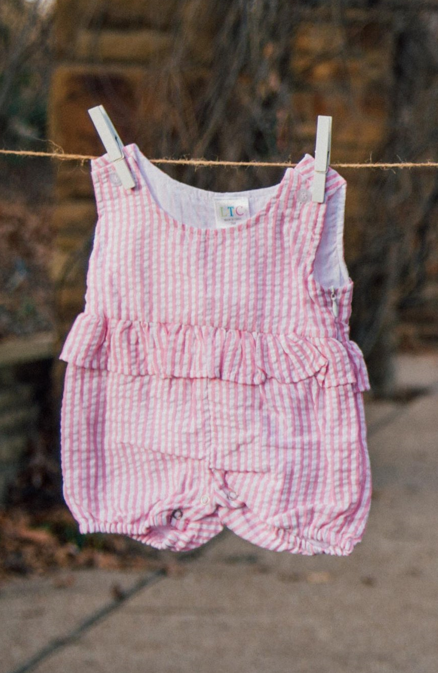 Seersucker Ruffle Romper - Pink