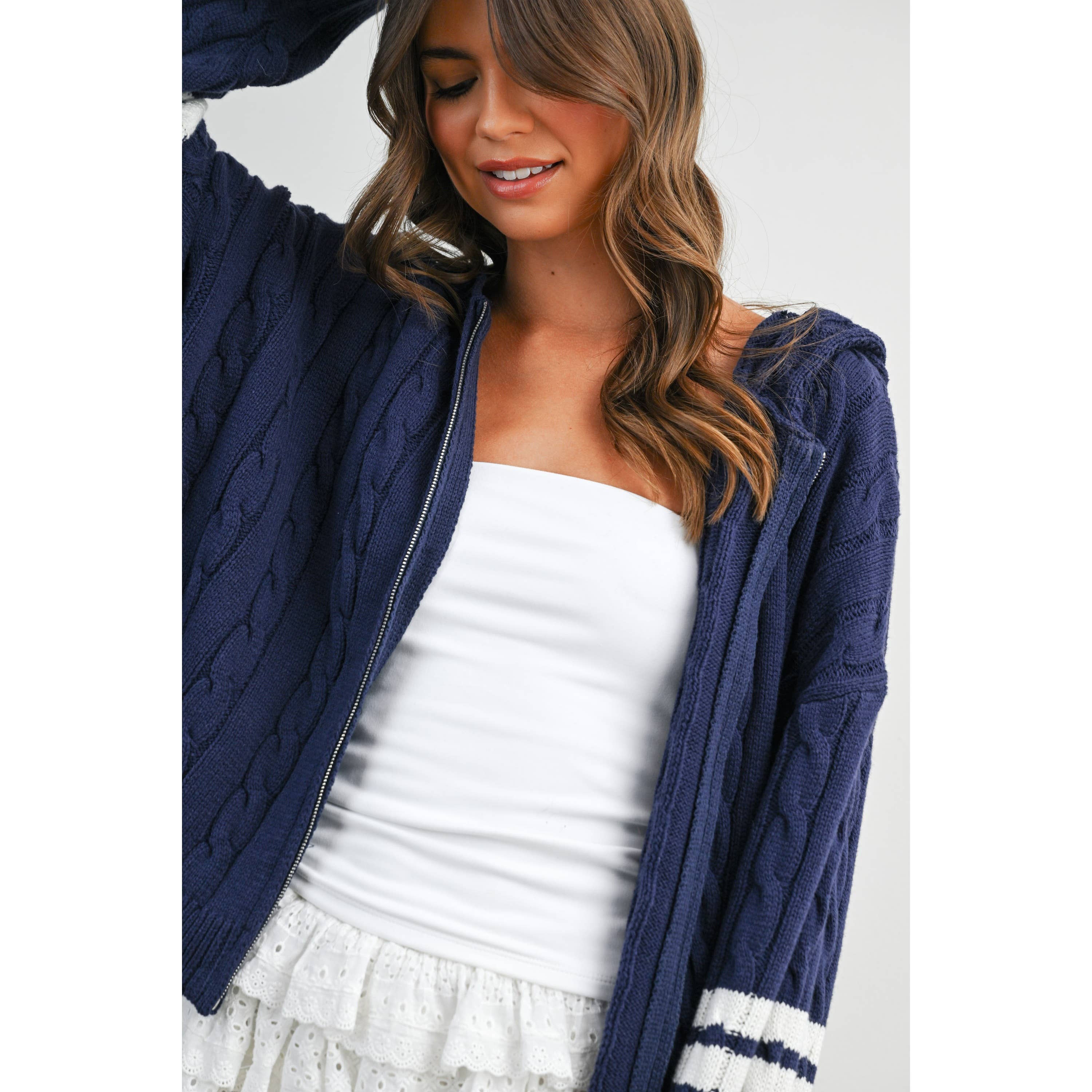 Cable Knit Zip-Up Hoodie Cardigan - BMC8196
