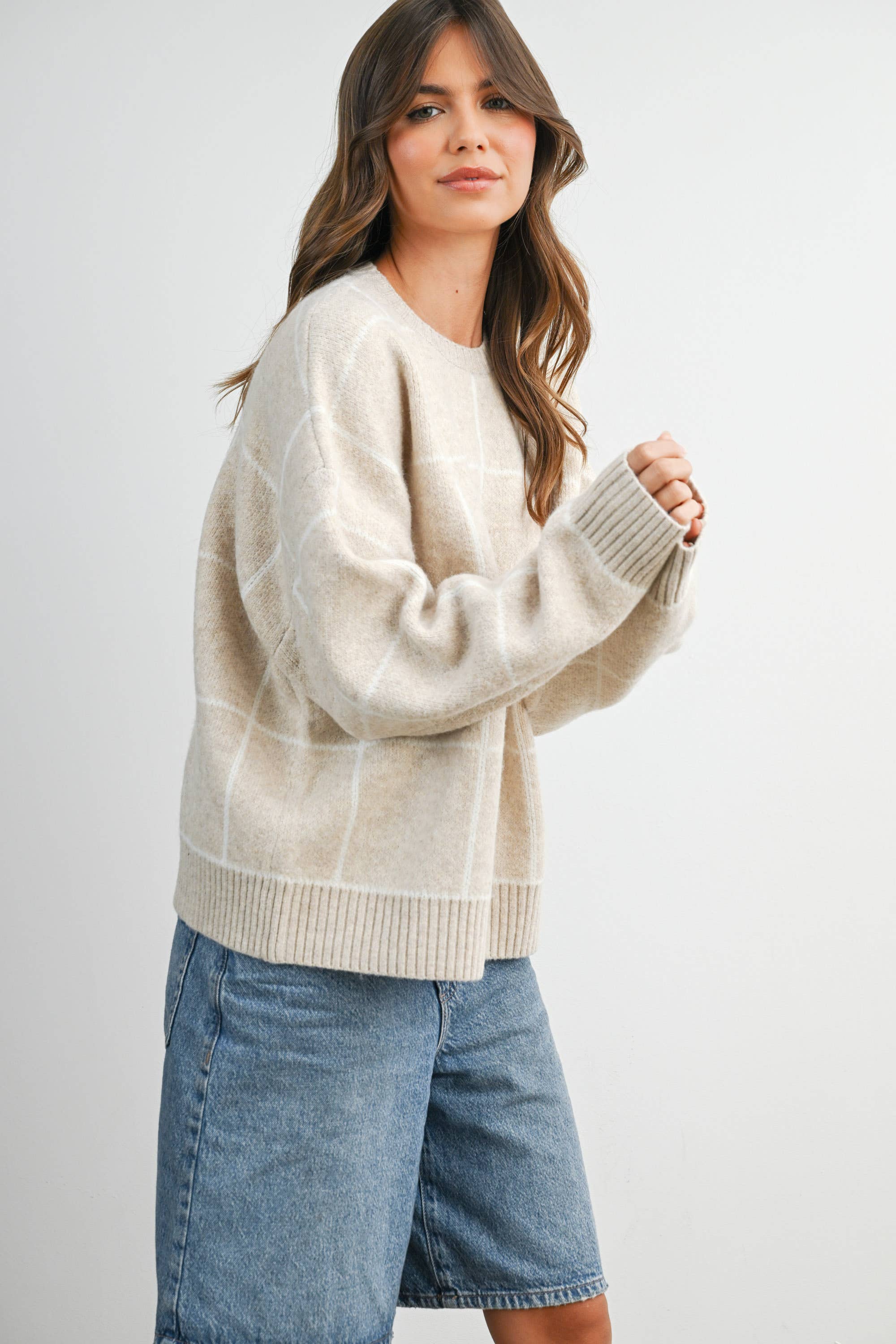 Checkered Crew Neck Knit Sweater - BMW8077