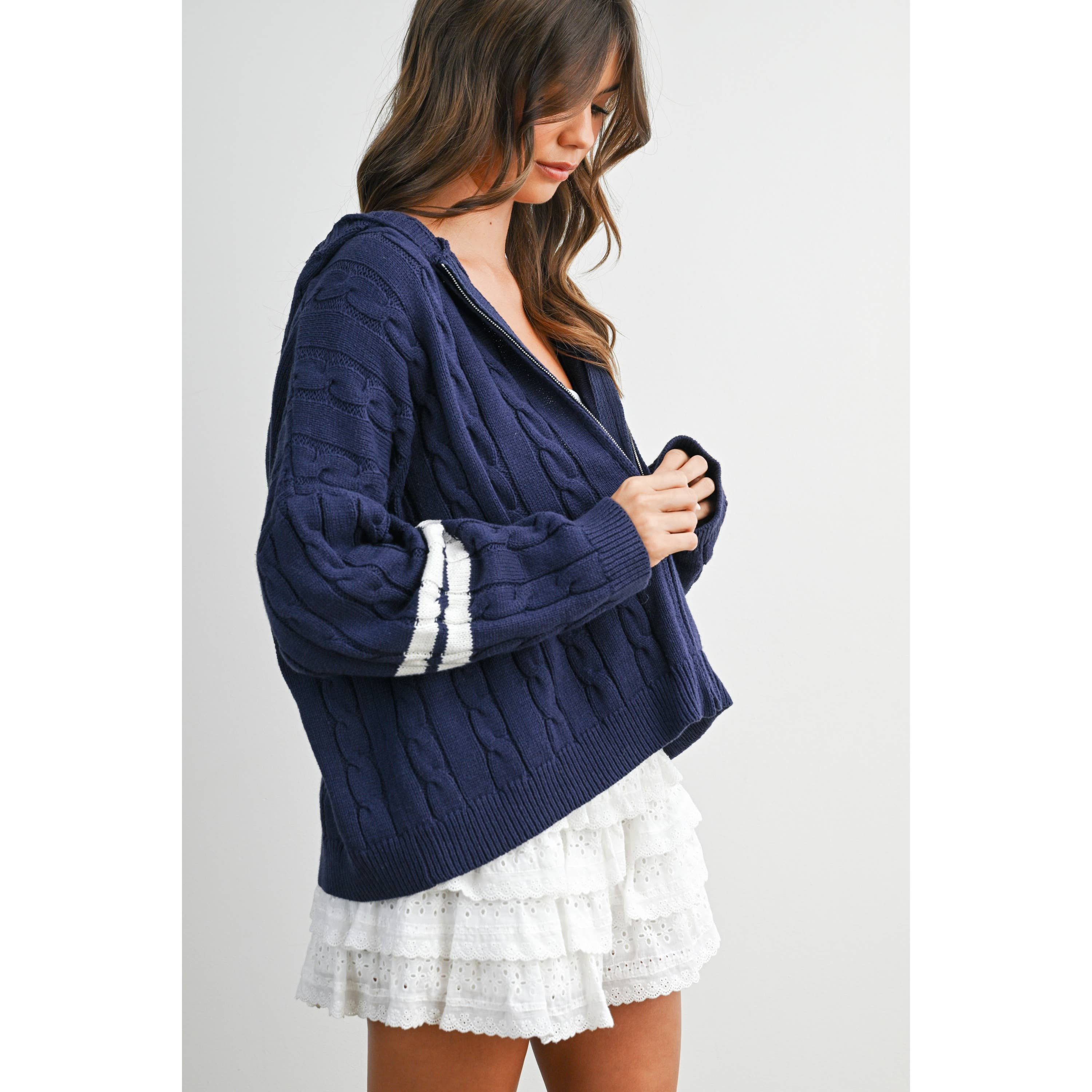 Cable Knit Zip-Up Hoodie Cardigan - BMC8196