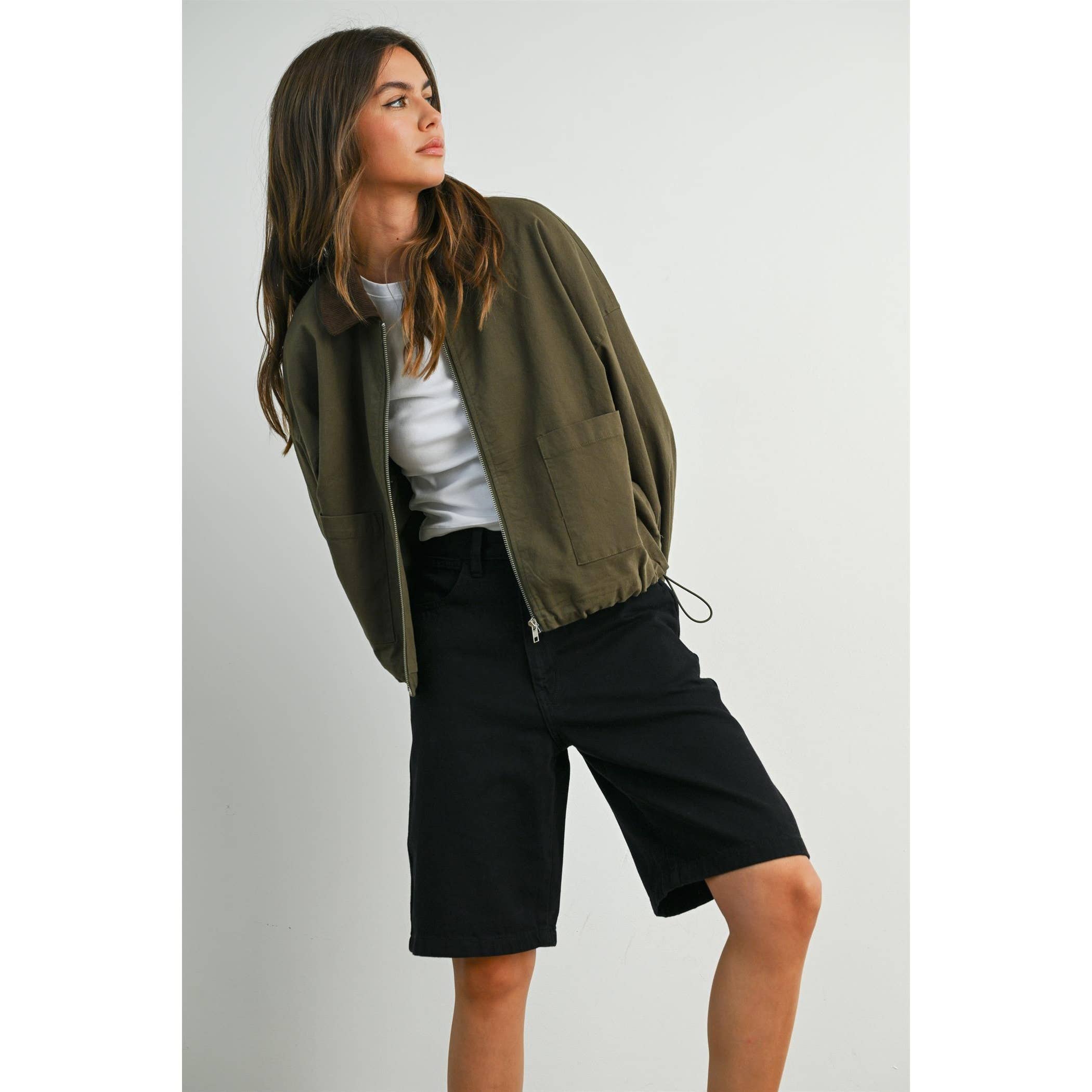 Collared Zip-Up Drawstring Jacket - BMJ7825