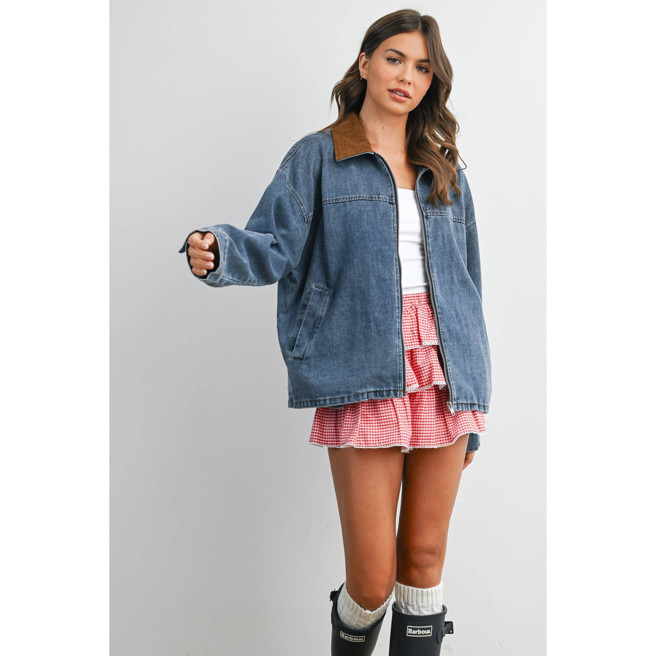 Zip-front Contrast-Collared Denim Jacket - BMJ8115
