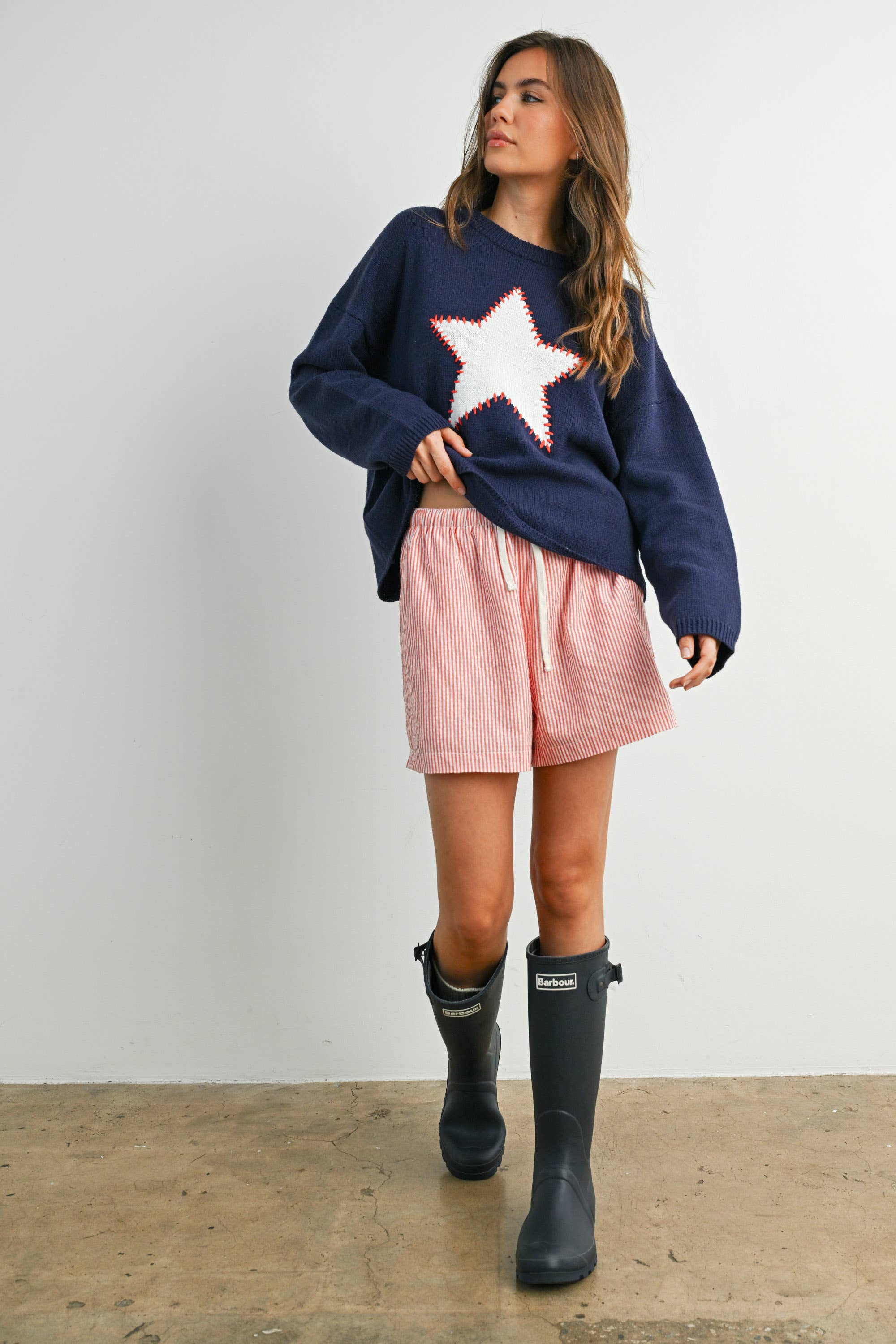 Drop Shoulder Star Pattern Sweater - BMW7756