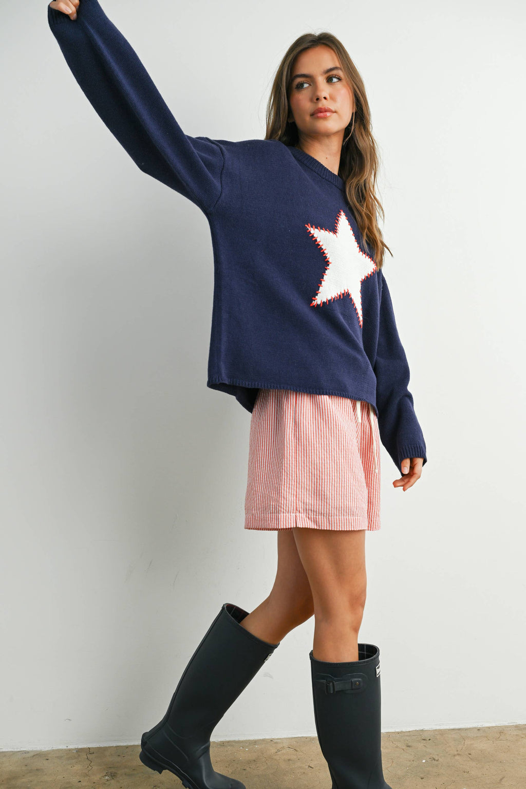Drop Shoulder Star Pattern Sweater - BMW7756