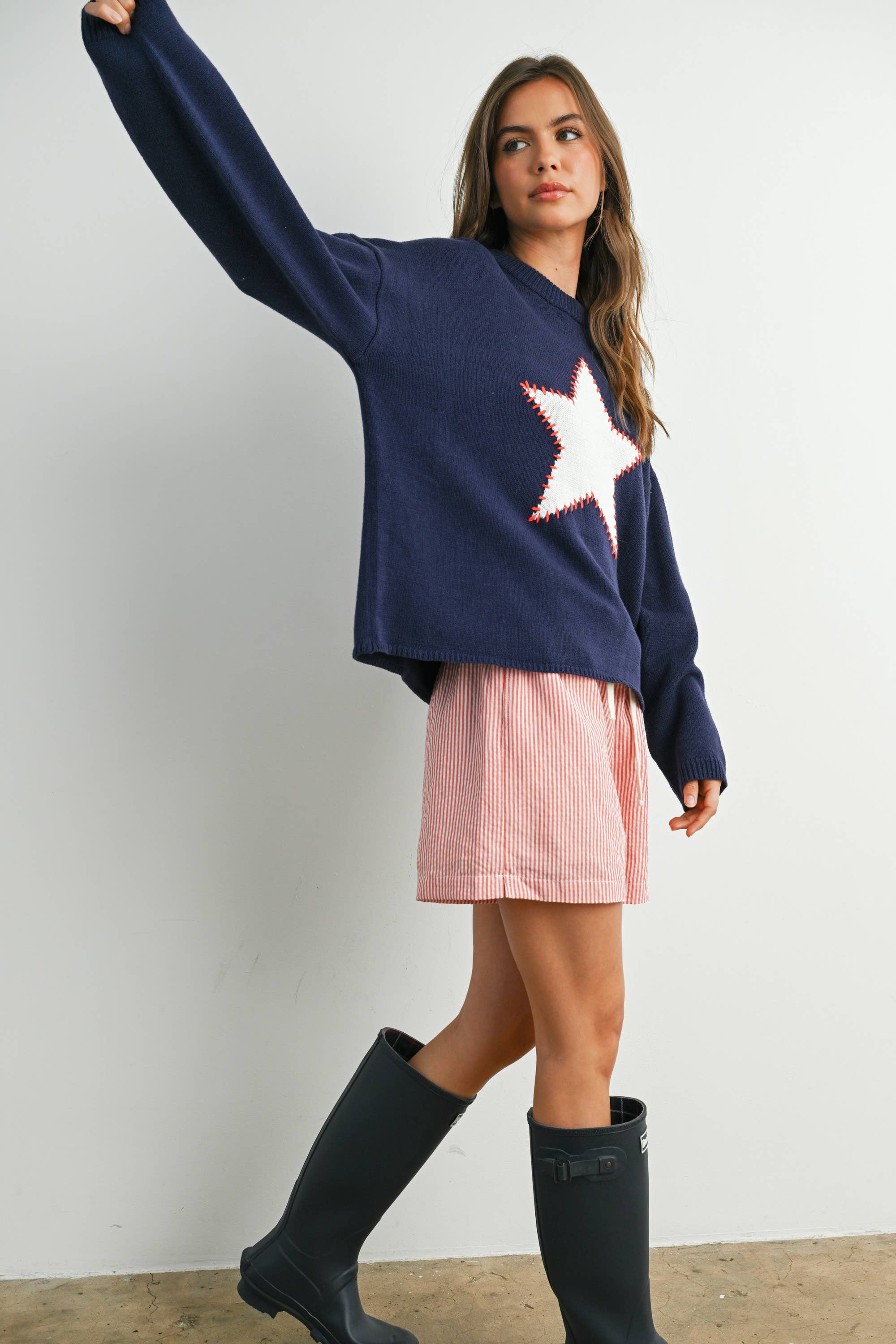 Drop Shoulder Star Pattern Sweater - BMW7756