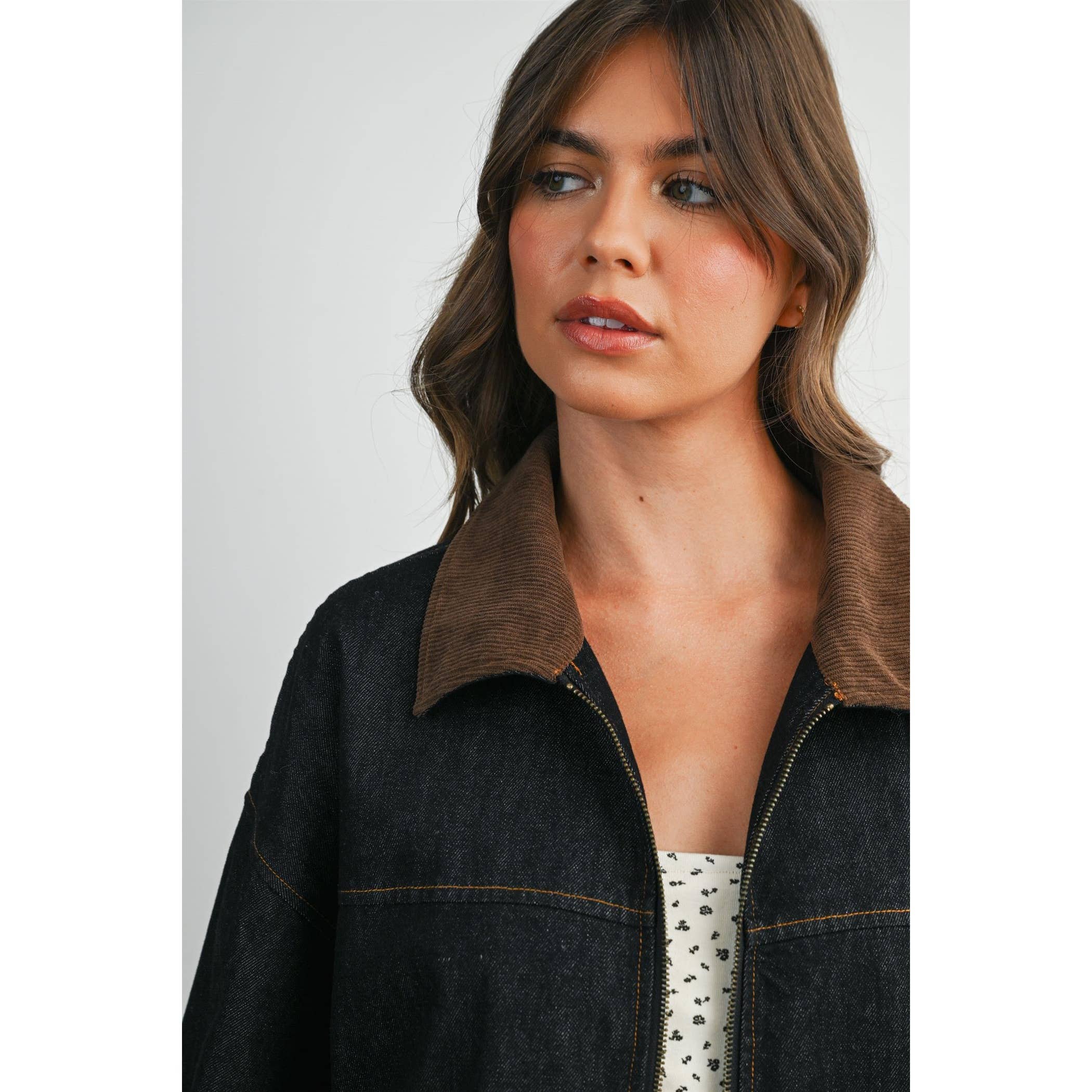 Zip-front Contrast-Collared Denim Jacket - BMJ8115
