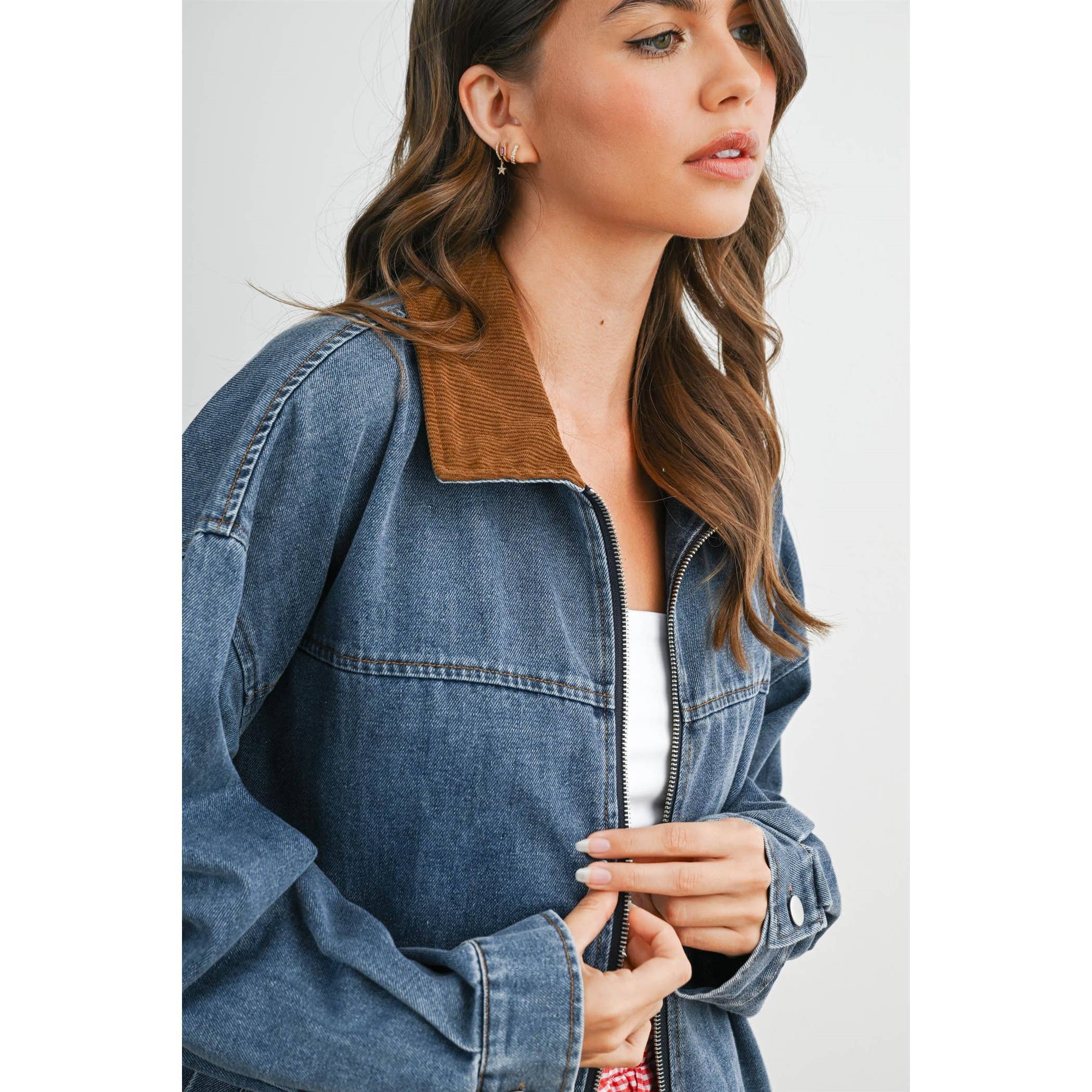 Zip-front Contrast-Collared Denim Jacket - BMJ8115