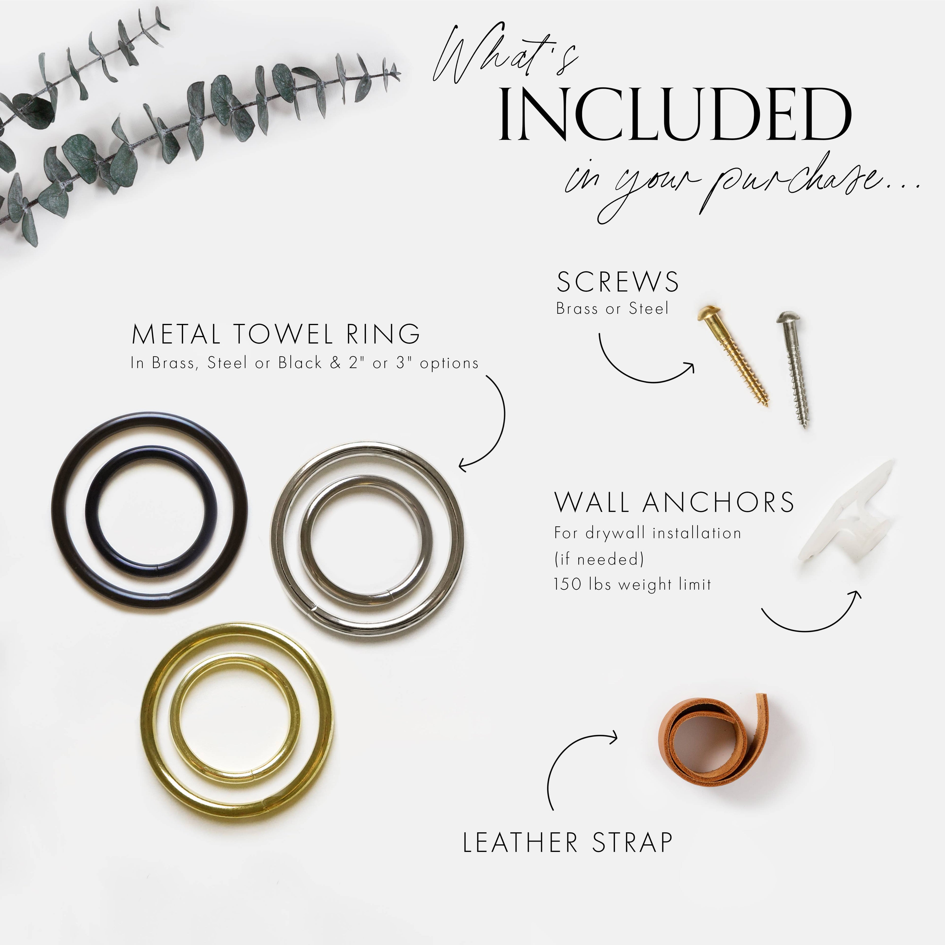 Medium Leather Towel Ring - Brass Finish [Round End]
