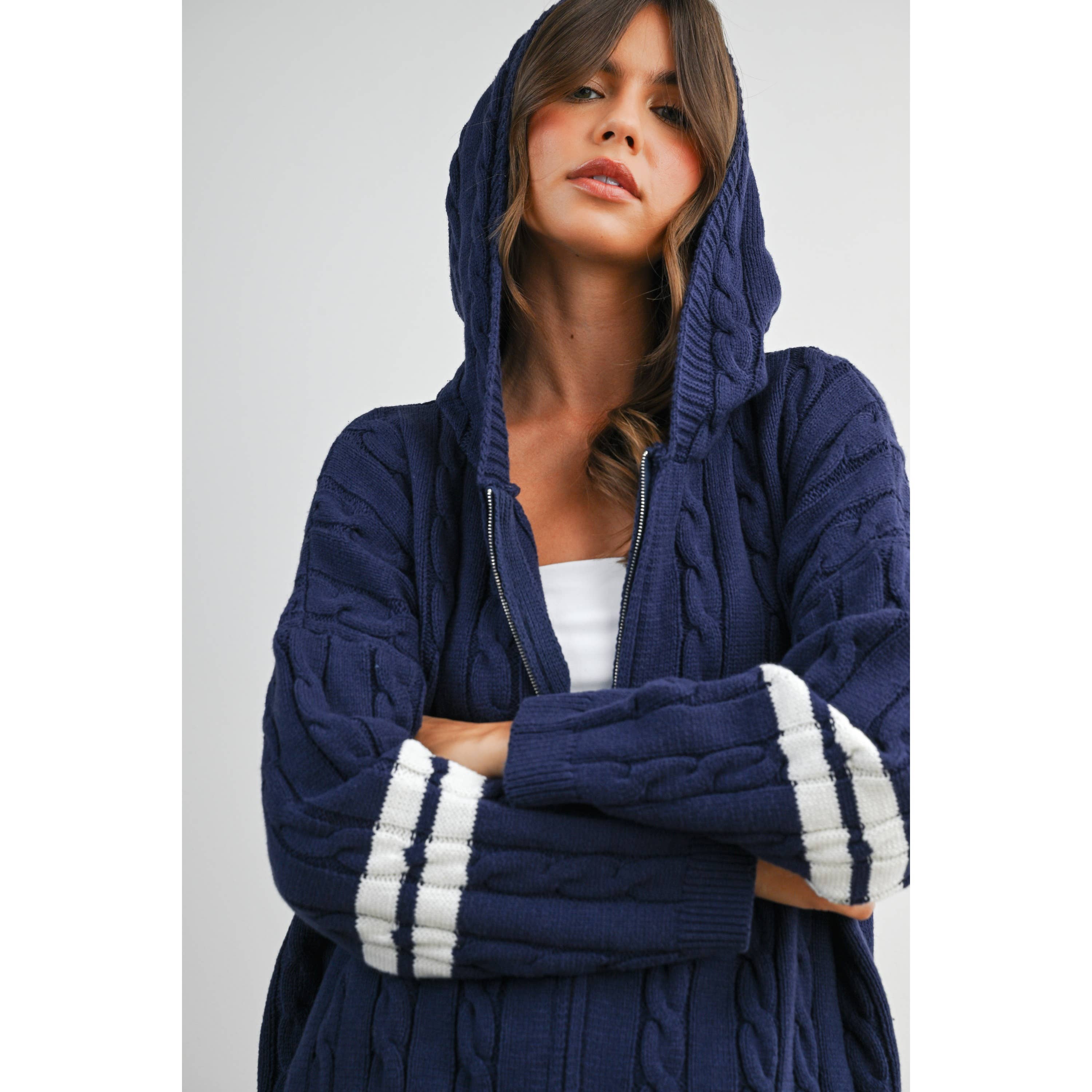 Cable Knit Zip-Up Hoodie Cardigan - BMC8196