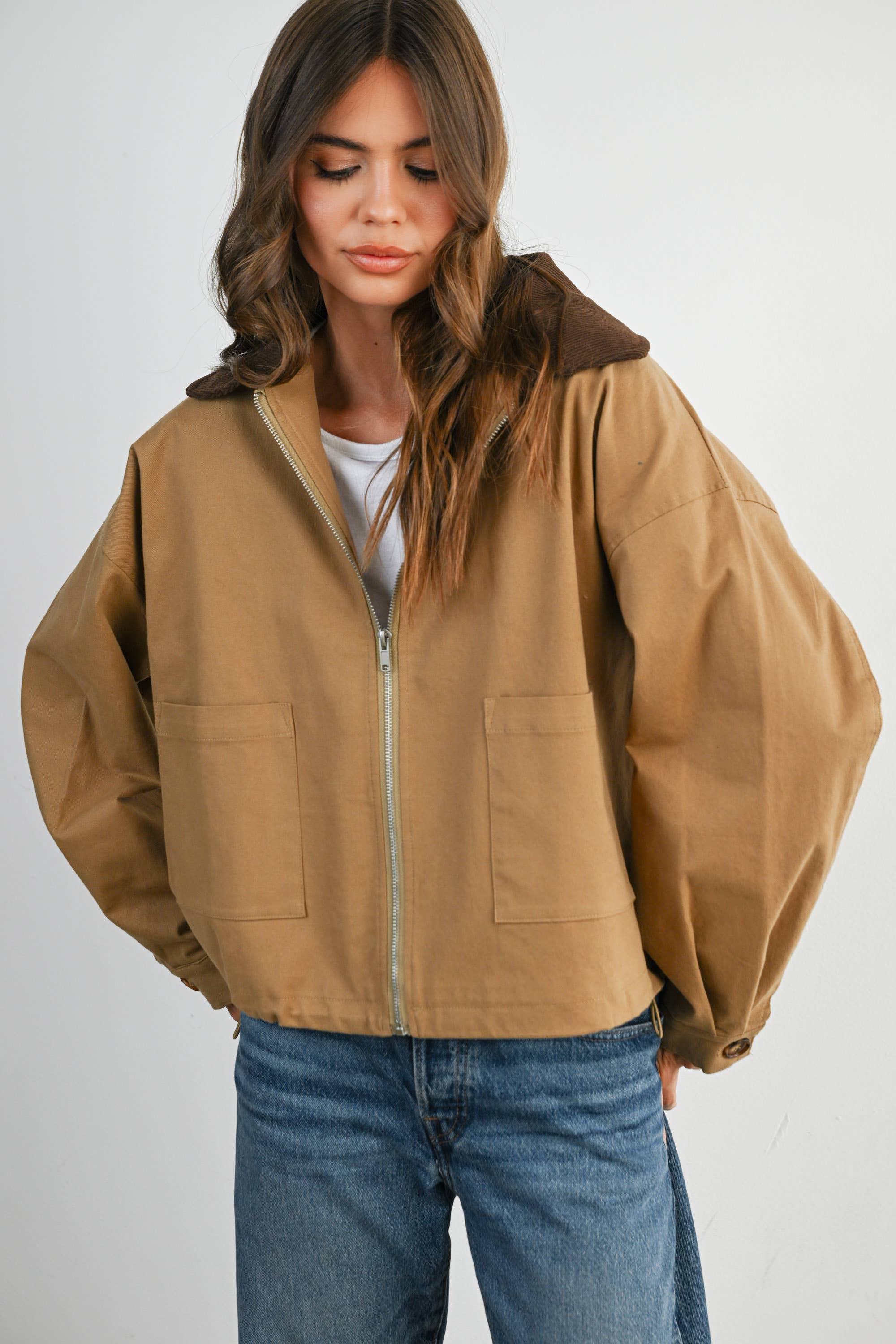 Collared Zip-Up Drawstring Jacket - BMJ7825