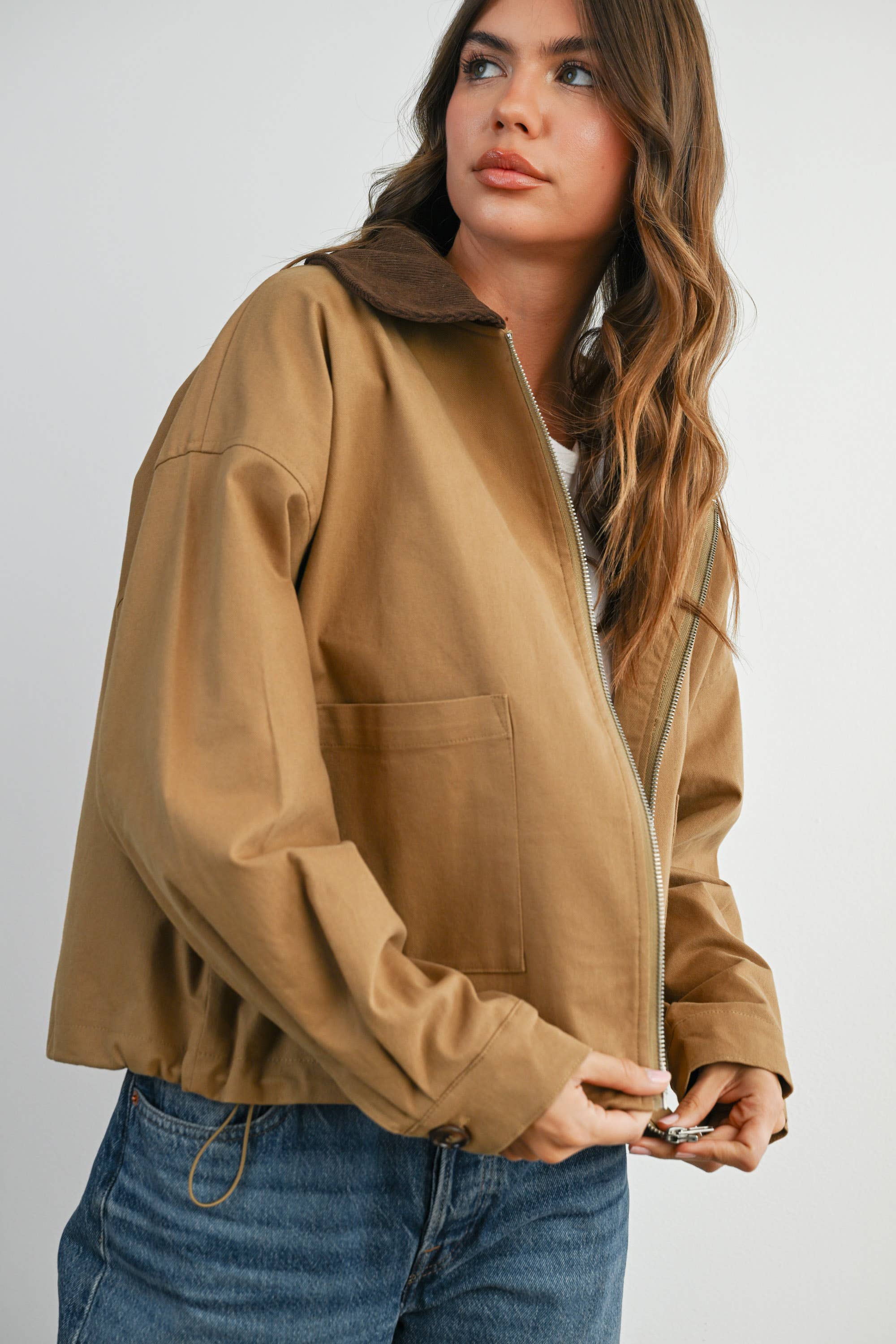 Collared Zip-Up Drawstring Jacket - BMJ7825