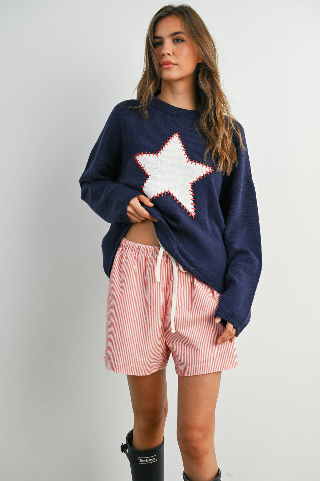 Drop Shoulder Star Pattern Sweater - BMW7756