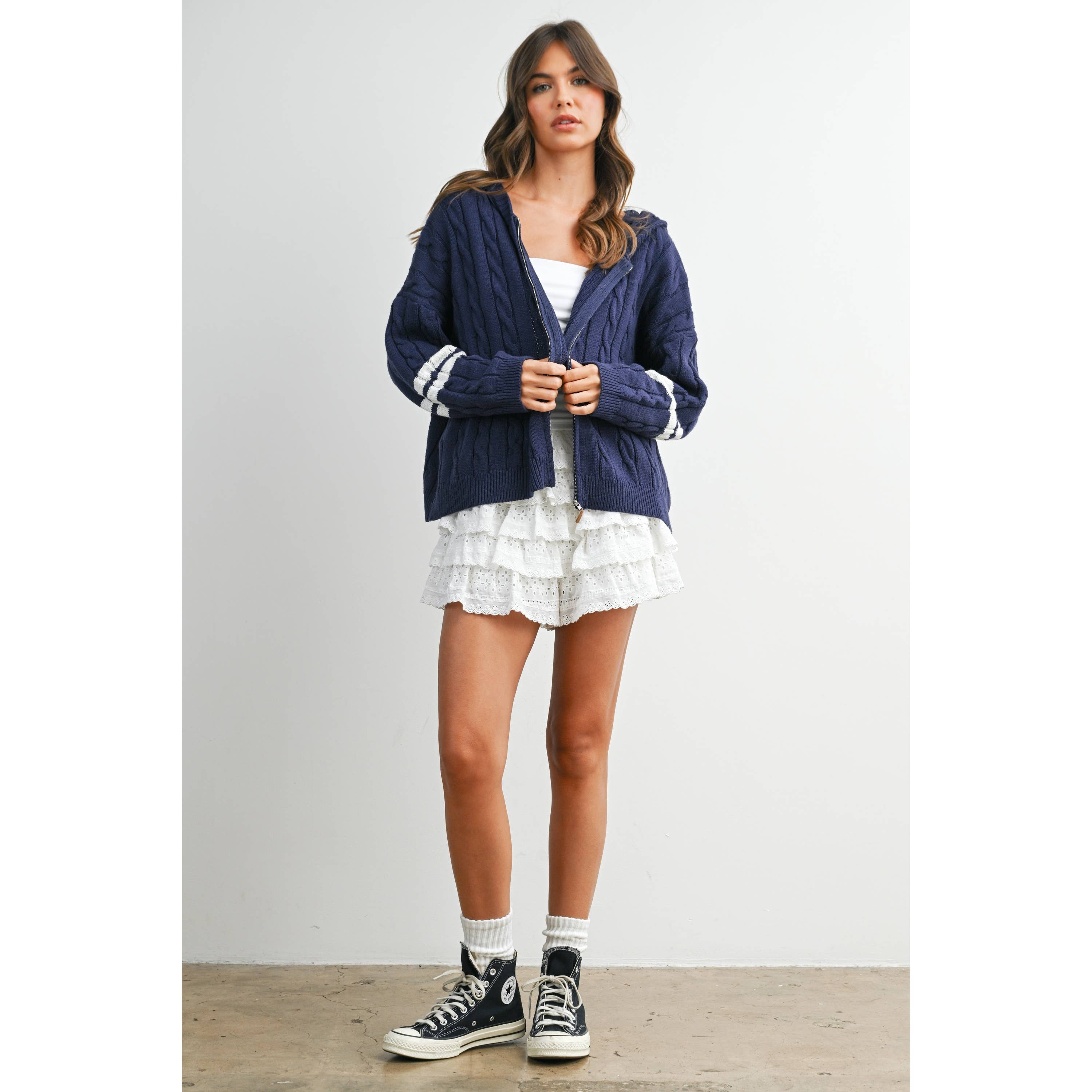 Cable Knit Zip-Up Hoodie Cardigan - BMC8196