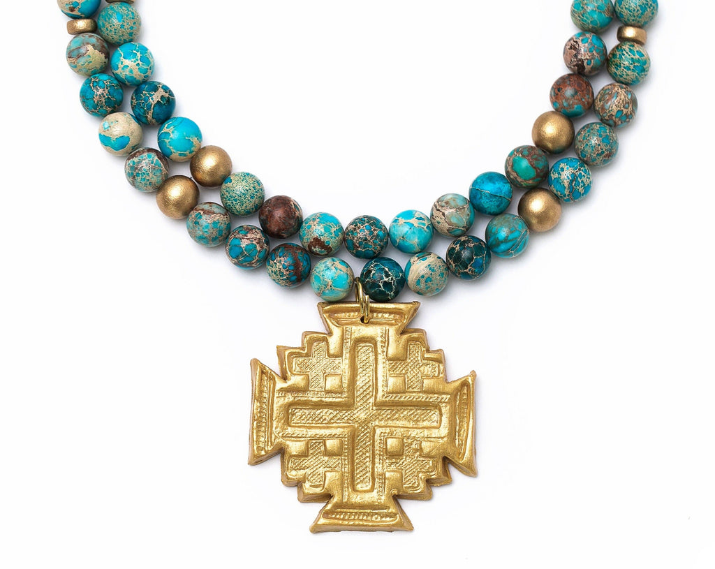 Double Strand Turquoise Sea Sediment Jasper with Jerusalem C