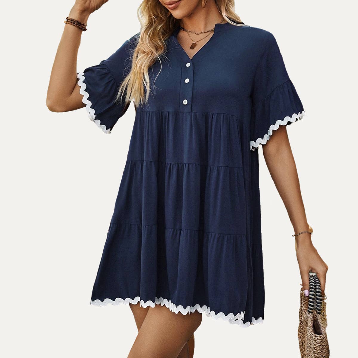 Adorable Navy Button-Front Short Sleeve Babydoll Dress