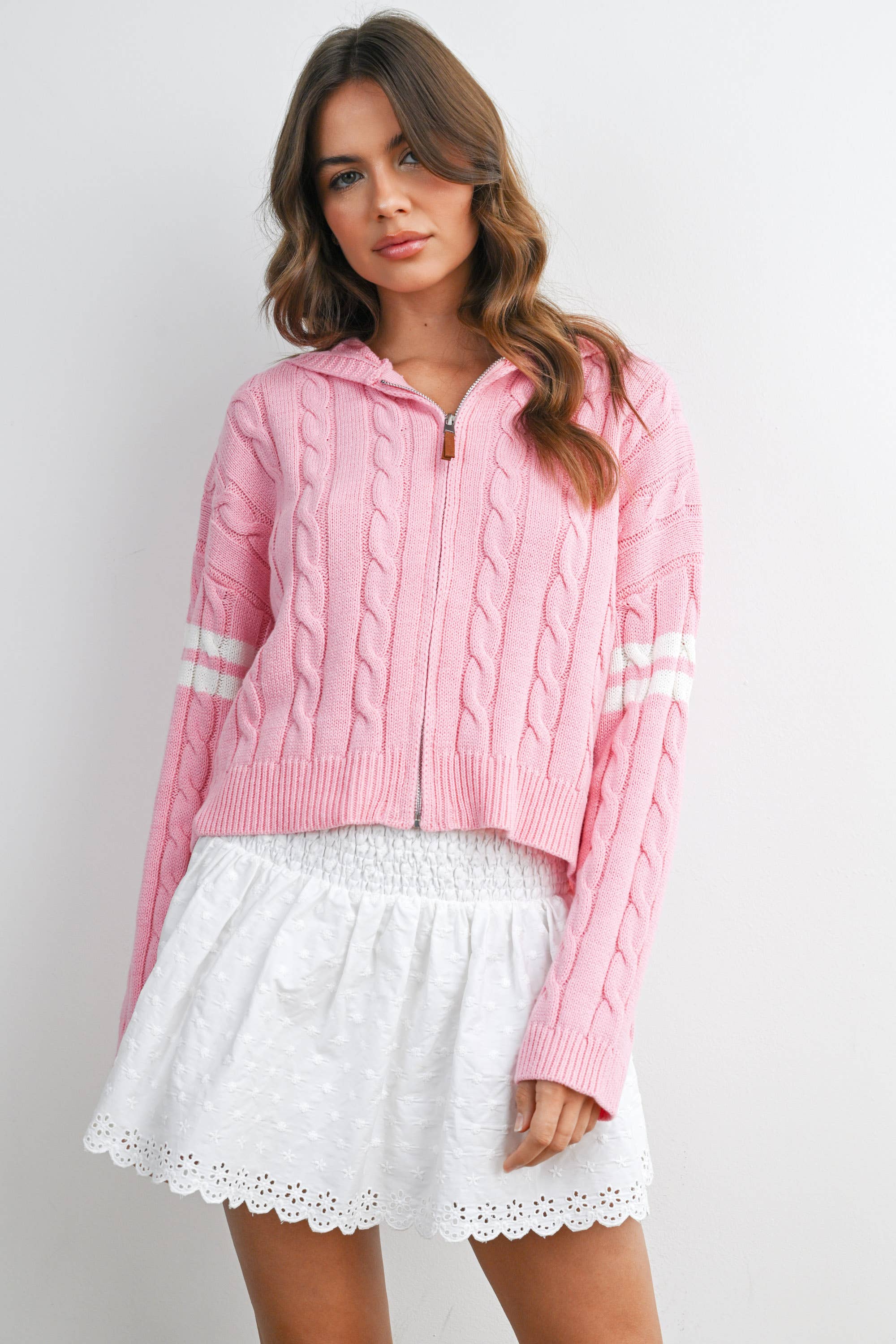 Cable Knit Zip-Up Hoodie Cardigan - BMC8196