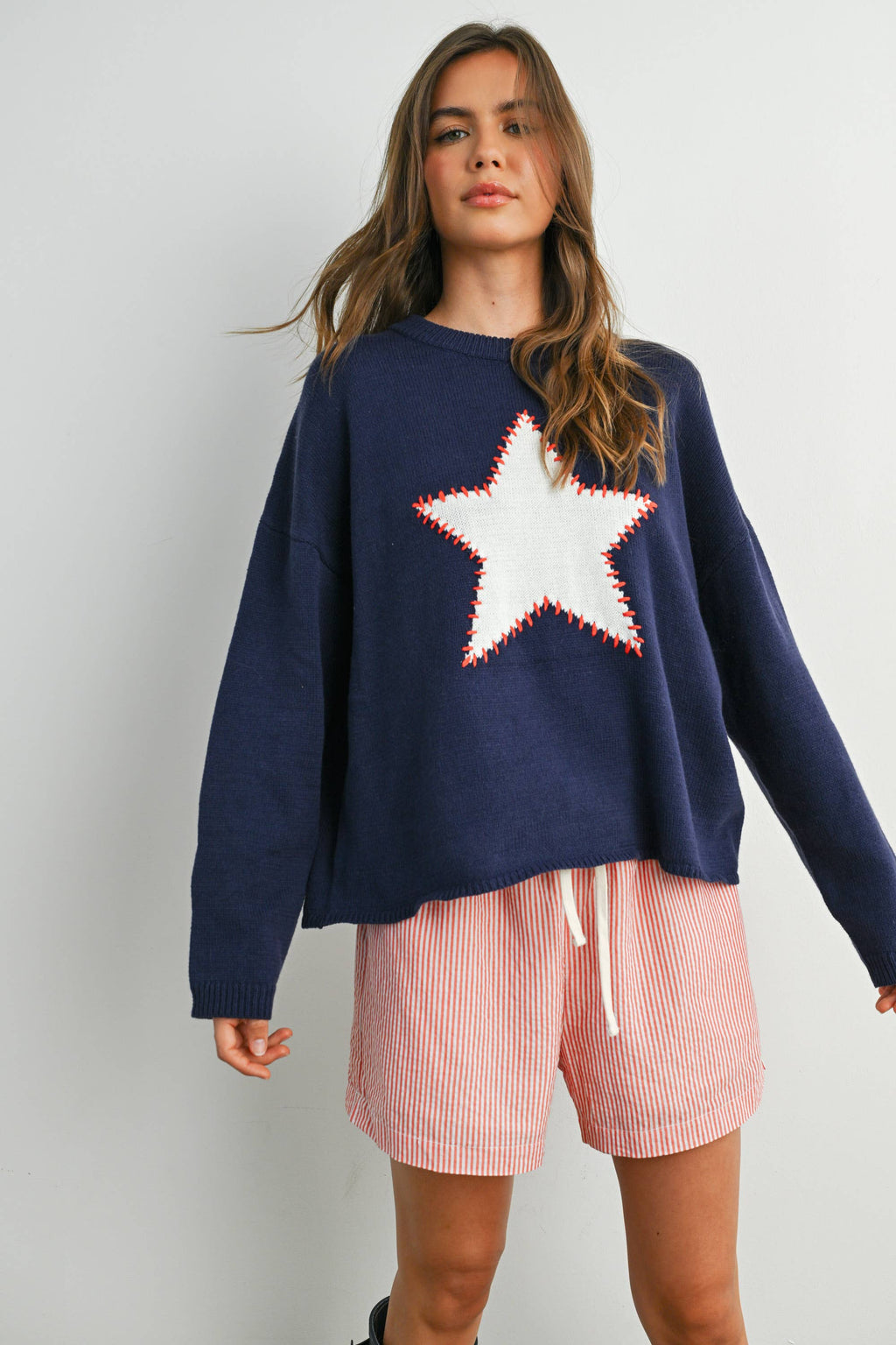 Drop Shoulder Star Pattern Sweater - BMW7756