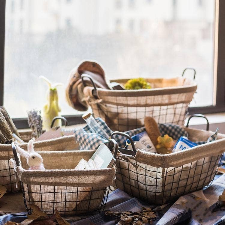 Wire Basket With Linen Liner Rectangular