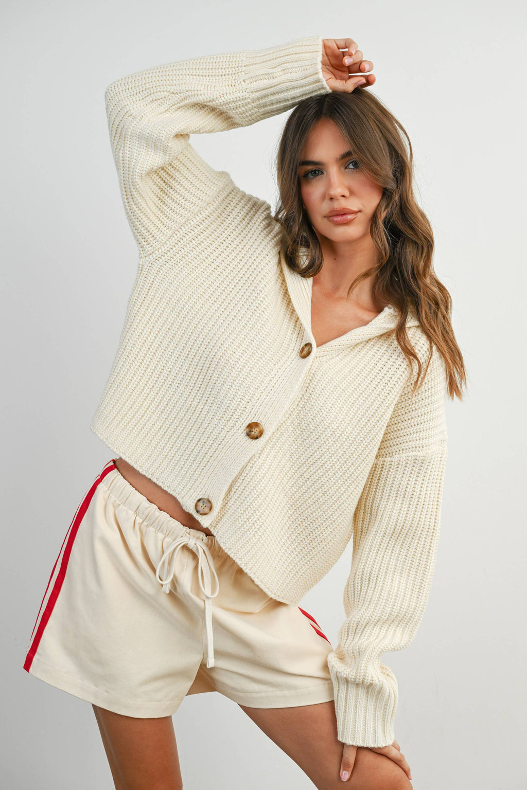 Knit Collared V-Neck Buttoned Long Sleeve Top - BMW7924