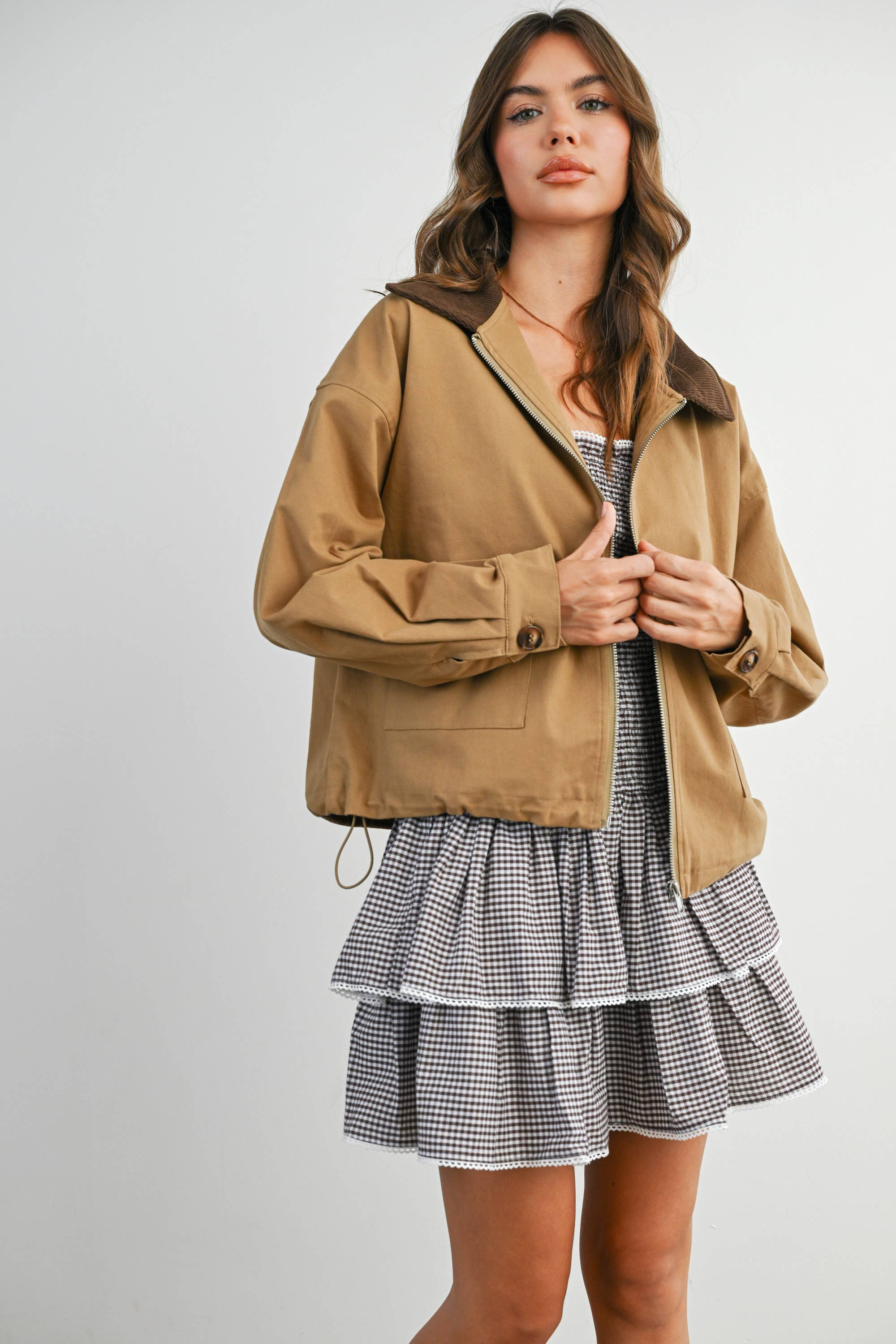 Collared Zip-Up Drawstring Jacket - BMJ7825
