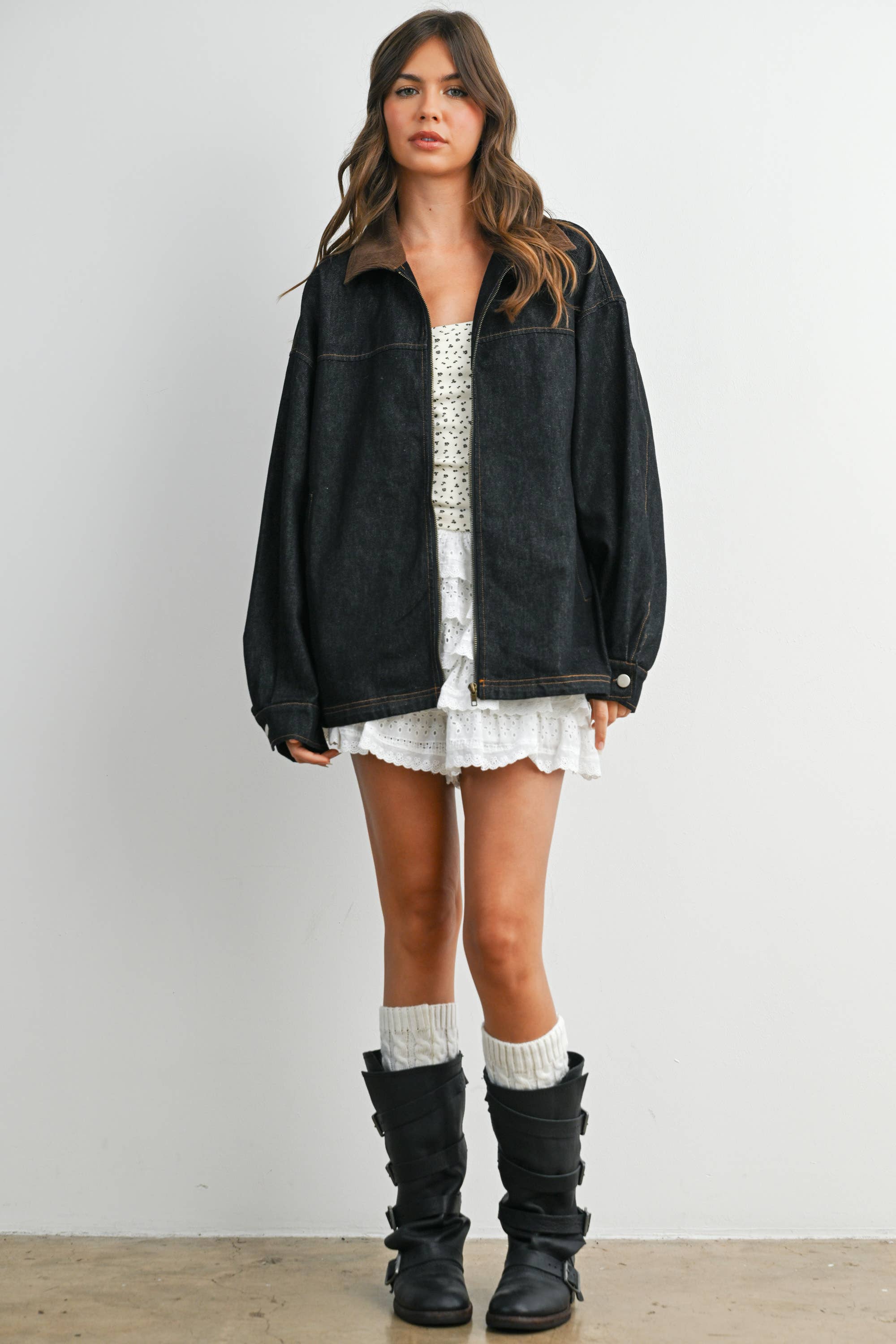 Zip-front Contrast-Collared Denim Jacket - BMJ8115