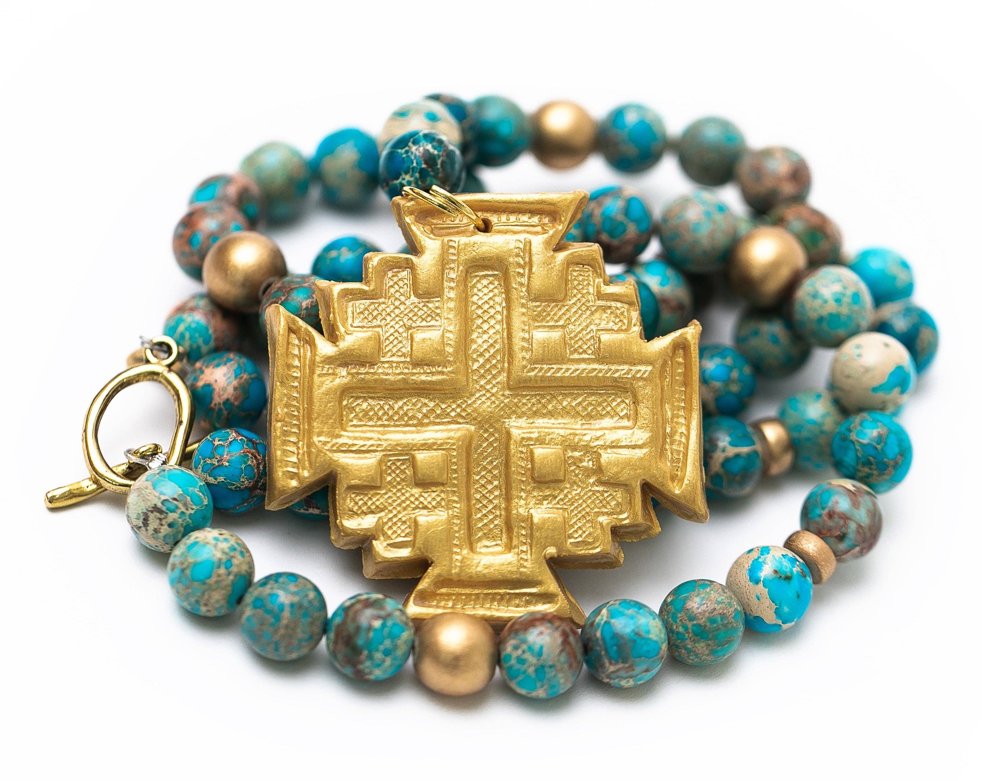 Double Strand Turquoise Sea Sediment Jasper with Jerusalem C