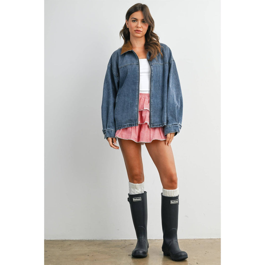 Zip-front Contrast-Collared Denim Jacket - BMJ8115