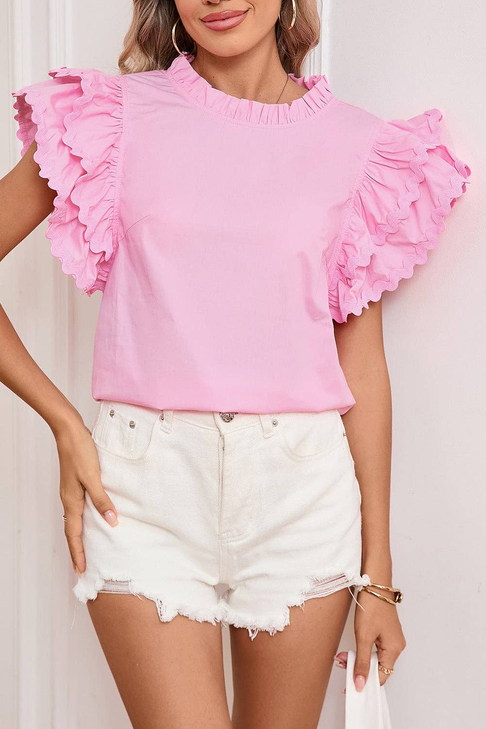 Ric-Rac Ruffle Short Sleeve Summer Blouse