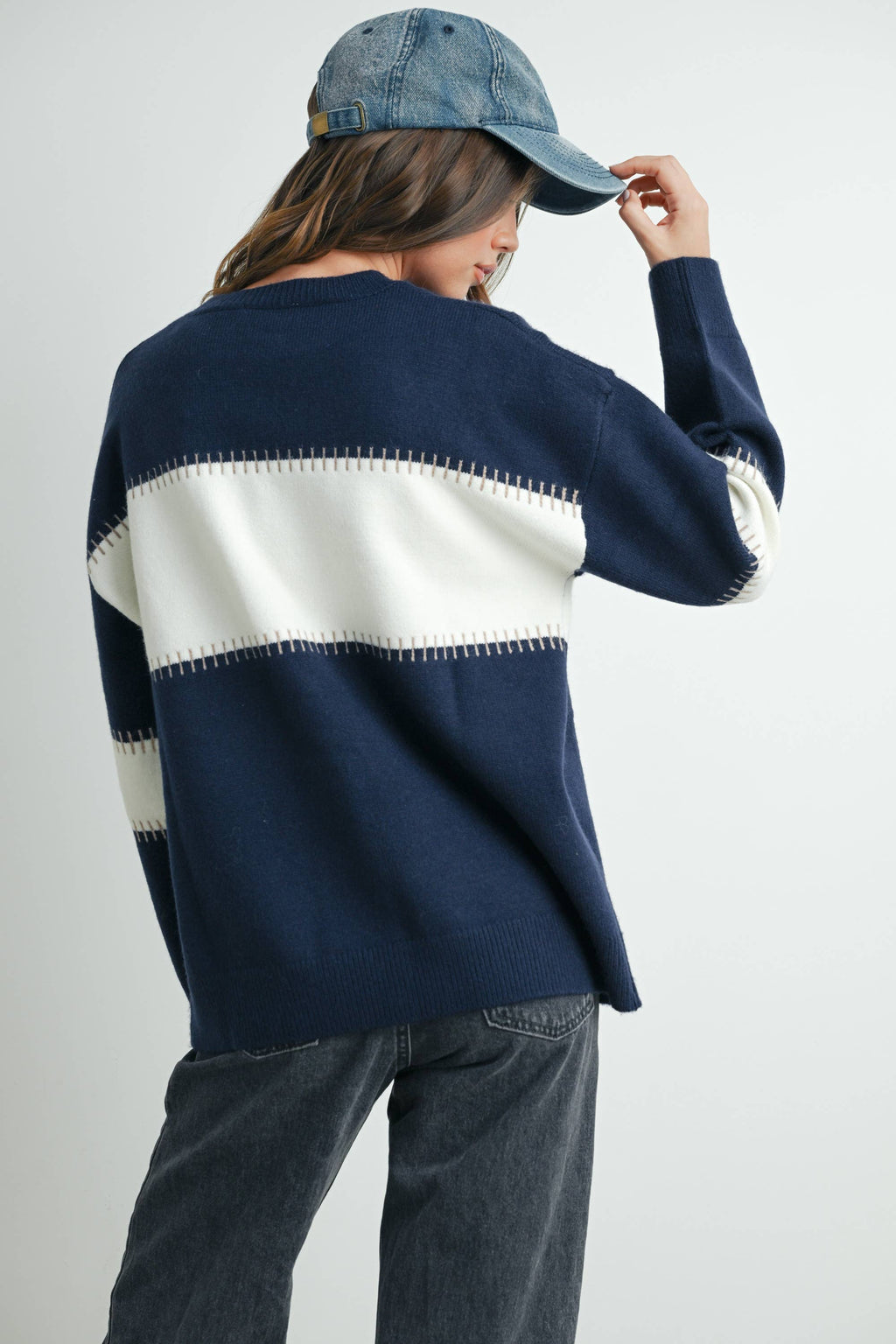 Color Block Striped Crew Neck Sweater - BMW7501