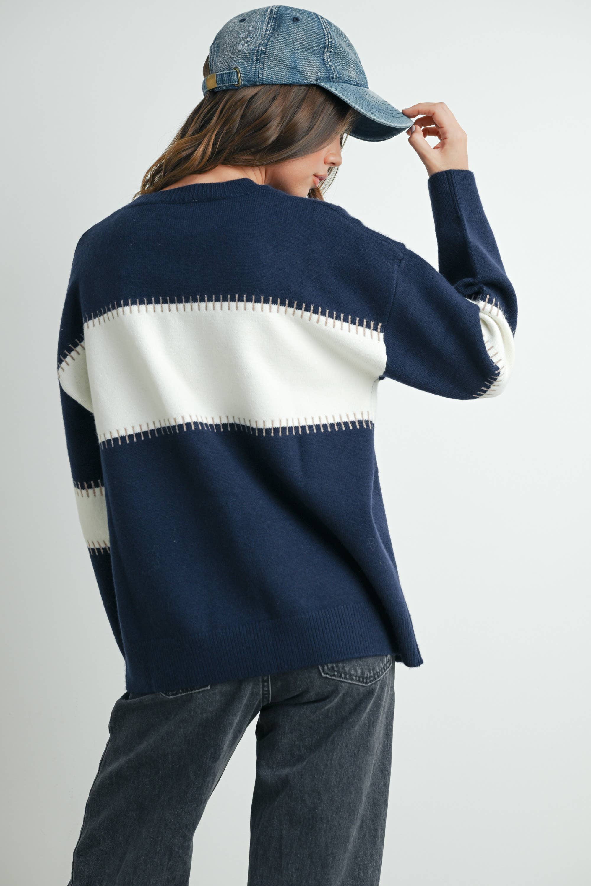 Color Block Striped Crew Neck Sweater - BMW7501