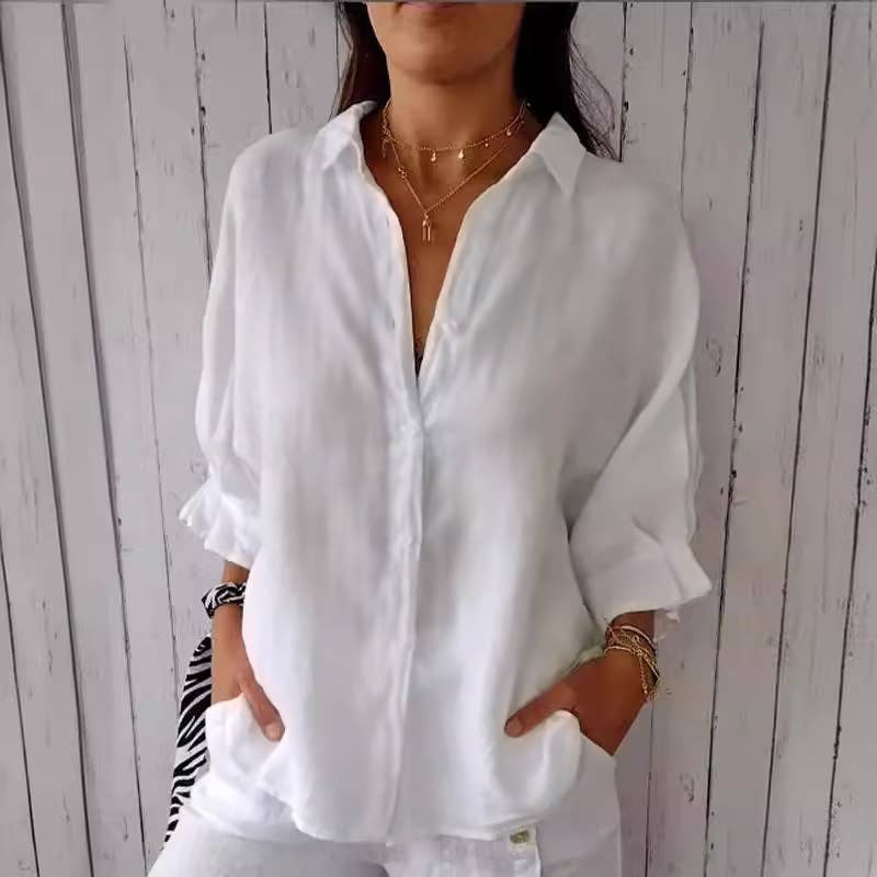 White Cotton Linen Blouses Back Belt