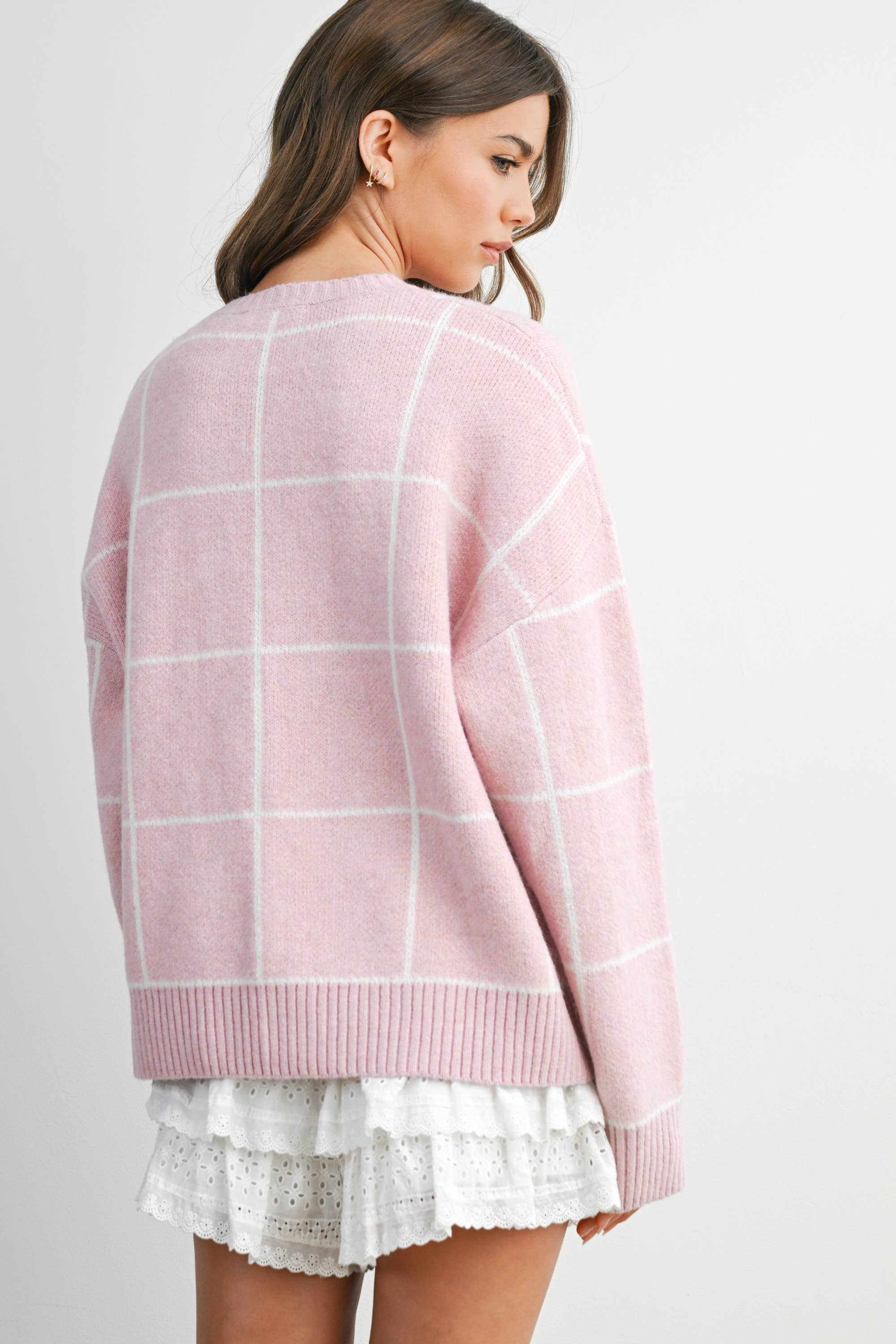 Checkered Crew Neck Knit Sweater - BMW8077