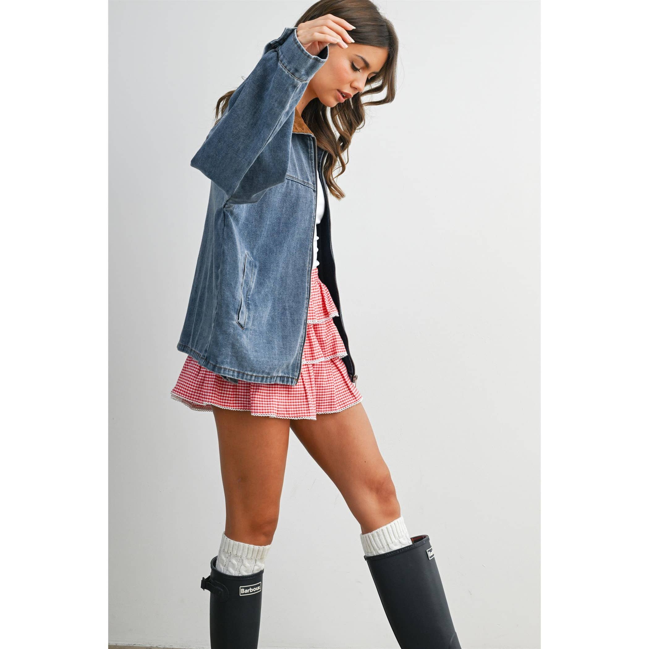 Zip-front Contrast-Collared Denim Jacket - BMJ8115
