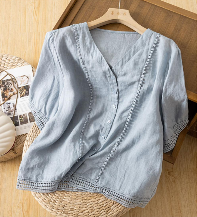 Mid-Sleeve Crochet Blouse|Vintage Artistic Summer Shirt
