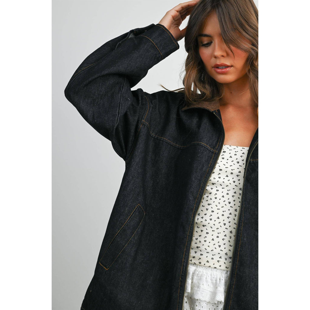 Zip-front Contrast-Collared Denim Jacket - BMJ8115