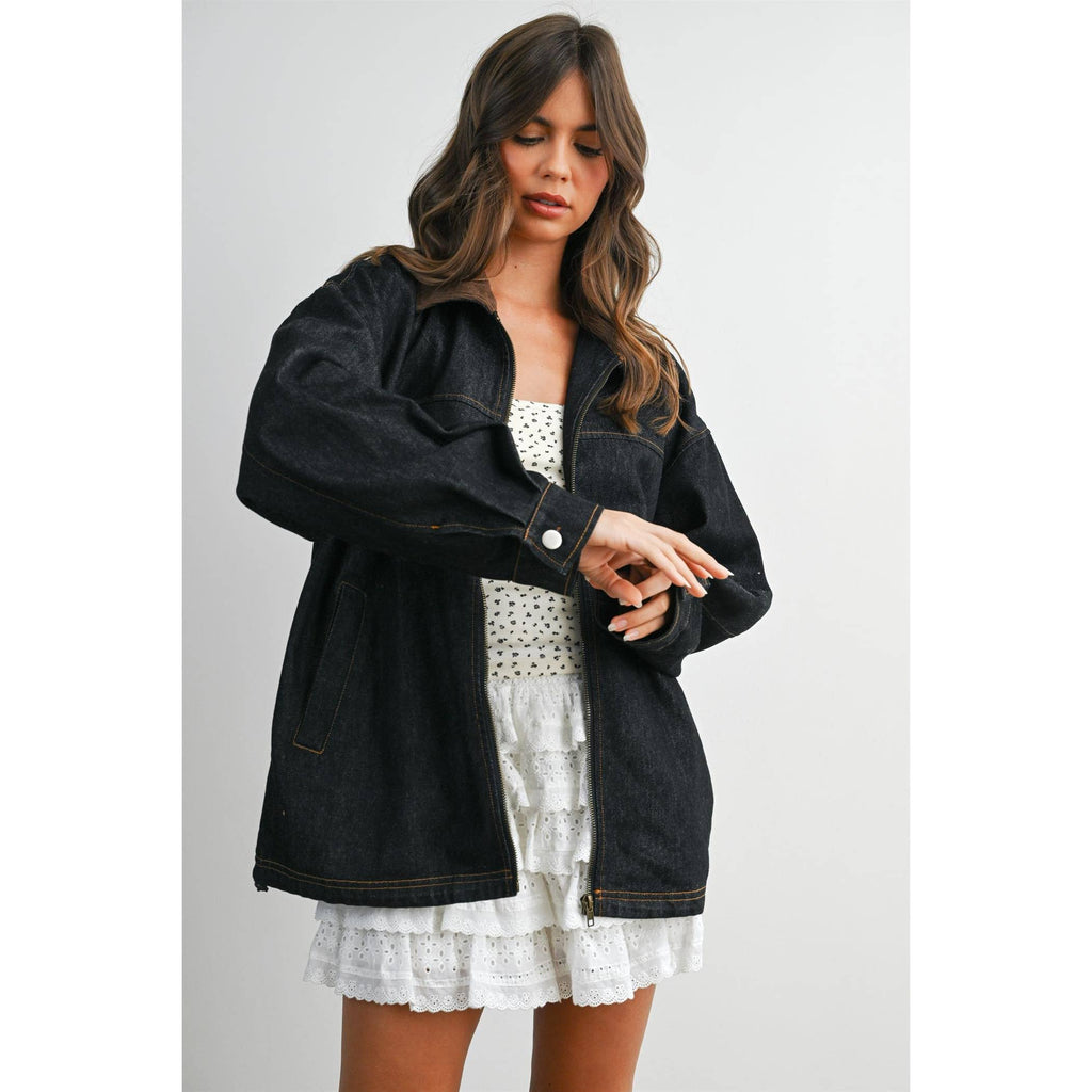 Zip-front Contrast-Collared Denim Jacket - BMJ8115